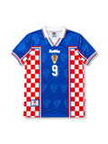 Croatia 1998 FIFA World Cup Away Jersey Davor Šuker #9, retro Croatian national team soccer shirt featuring the iconic red and white checkerboard design, Croatia national team crest, and Šuker name and number 9 on the back.