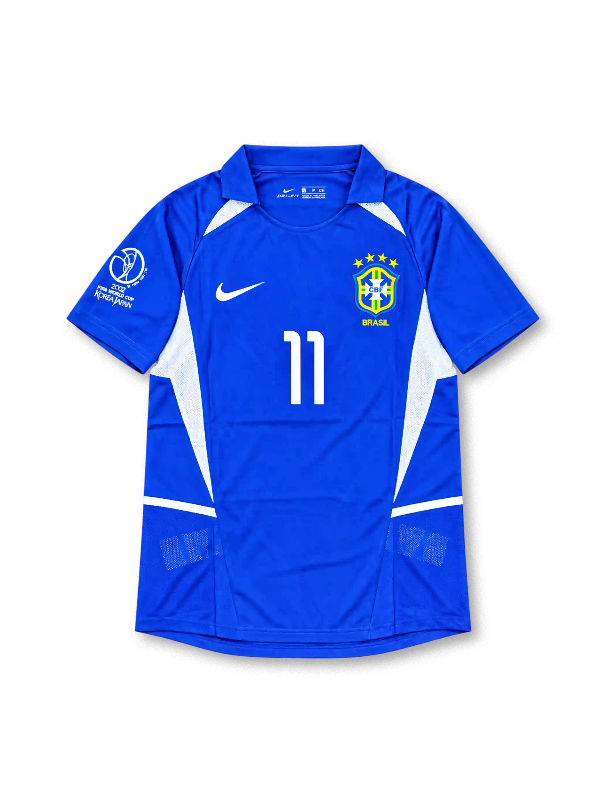Front view of Brazil 2002 World Cup away shirt with blue body, white side panels, Brazil crest, #11 chest number, and Korea/Japan 2002 sleeve detail.