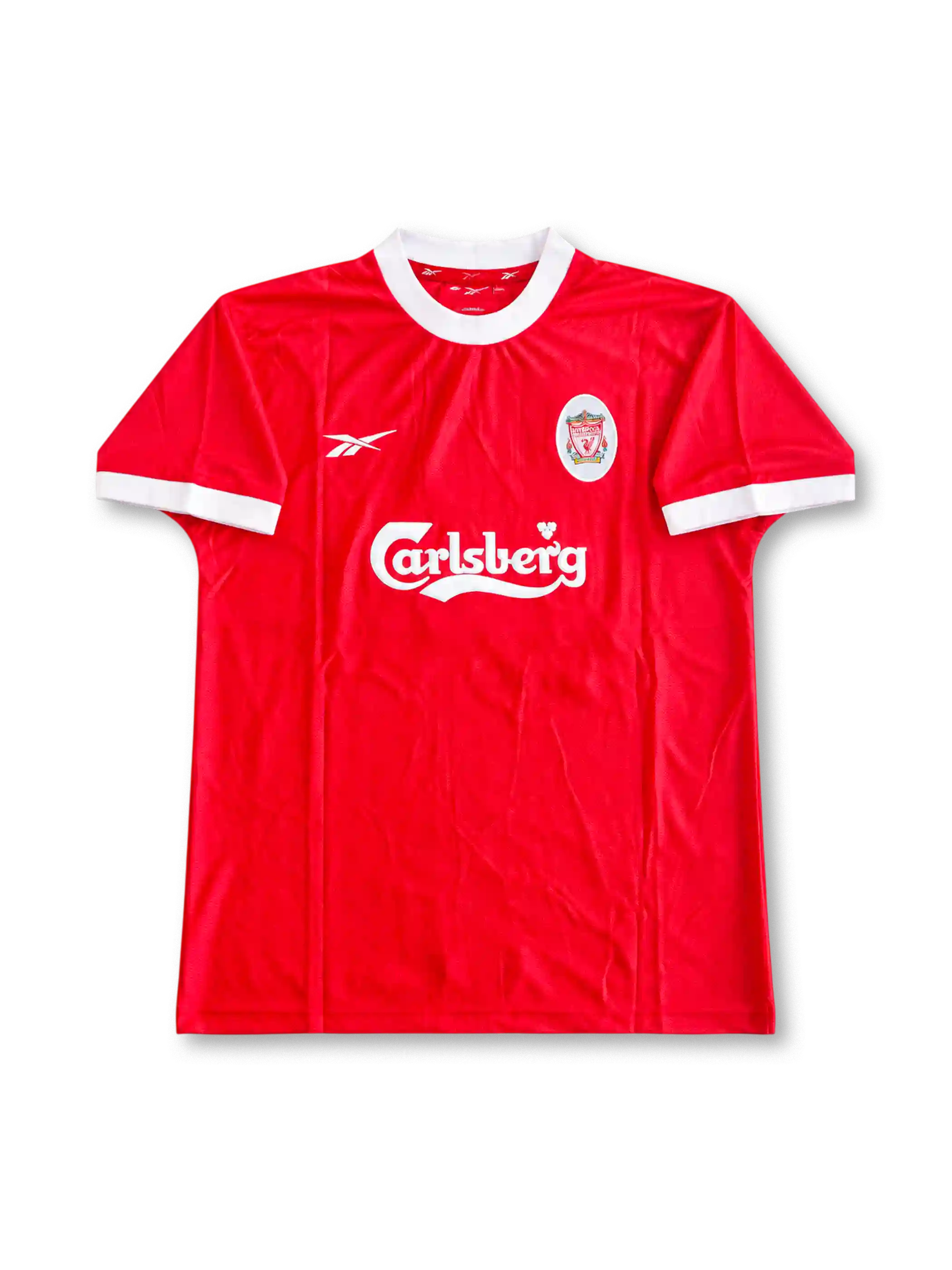 Front view of Liverpool 1998-2000 home shirt with red body, white crew-neck collar, white sleeve trim, Carlsberg sponsor, and Liverpool crest.