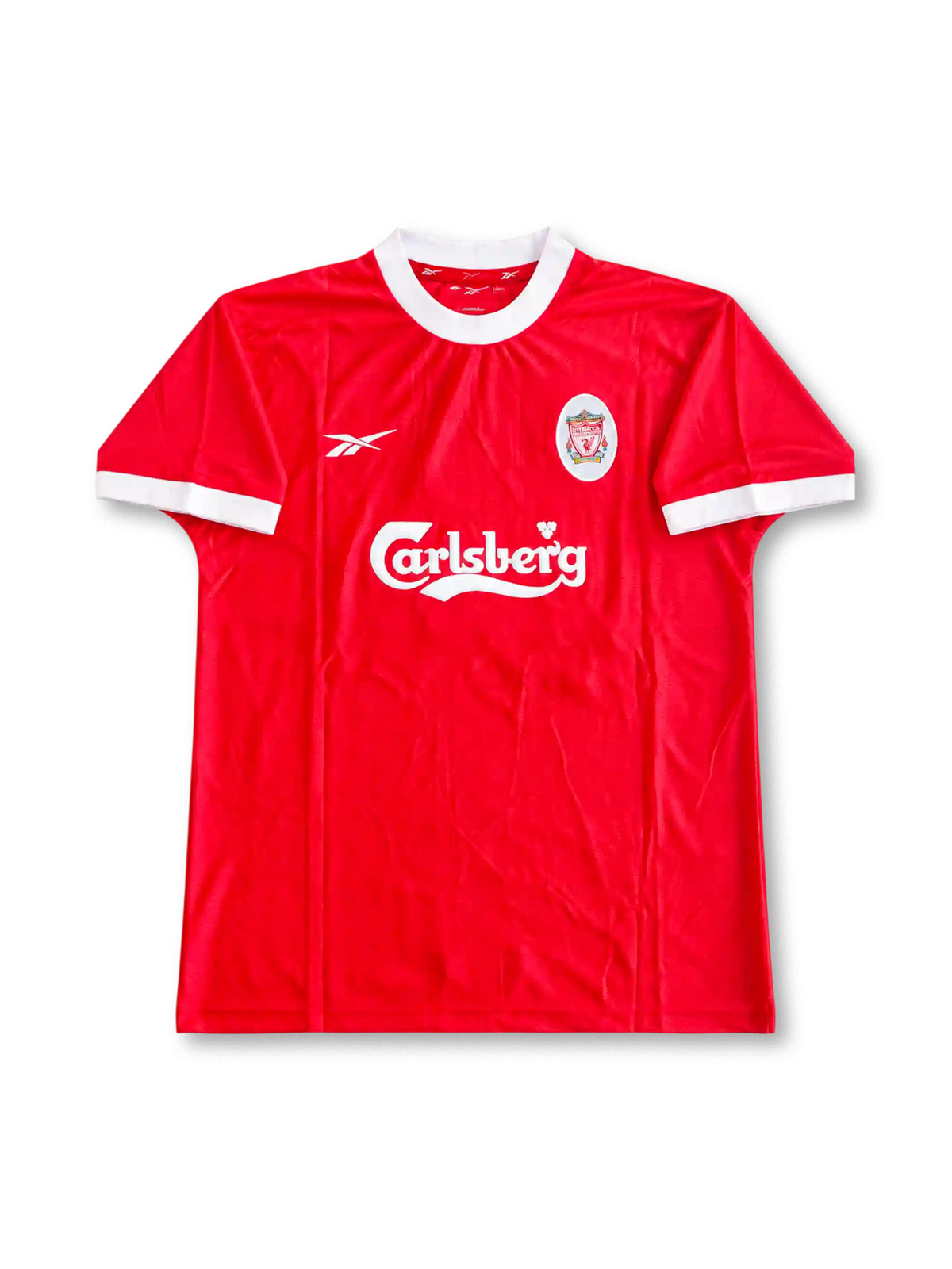 Front view of Liverpool 1998-2000 home shirt with red body, white crew-neck collar, white sleeve trim, Carlsberg sponsor, and Liverpool crest.
