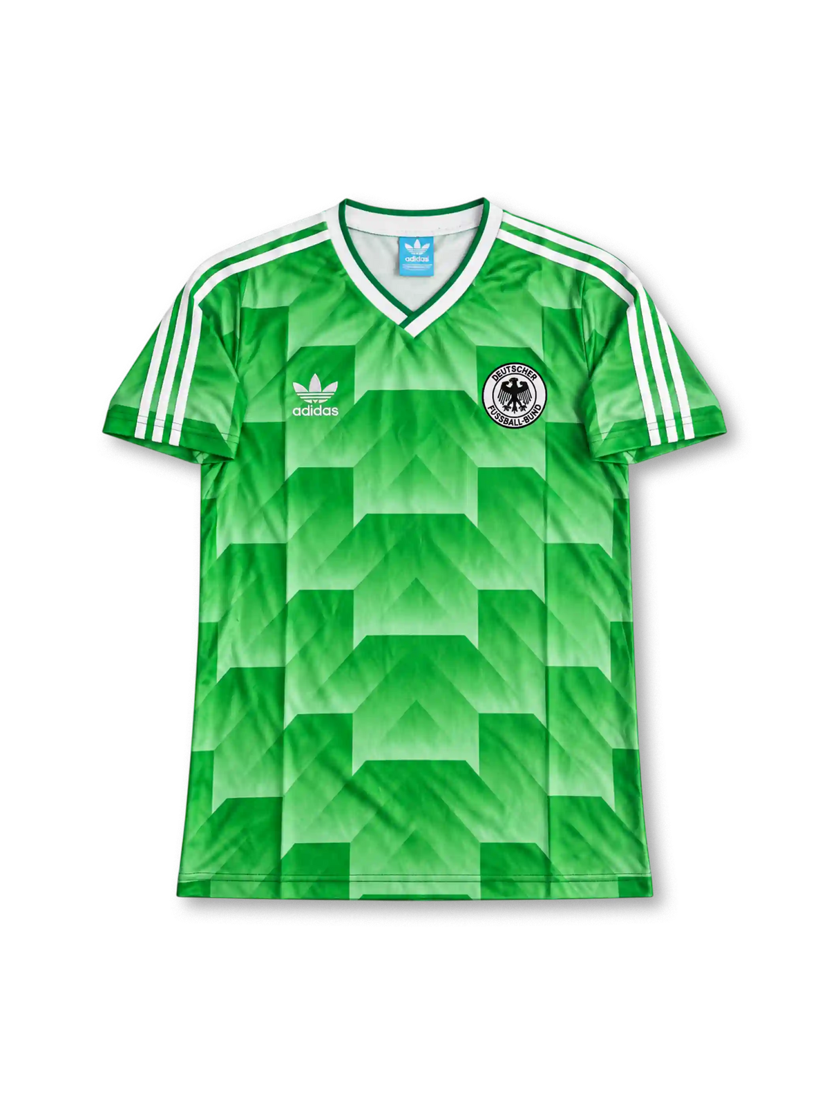 Front view of Germany 1990 World Cup away shirt with green geometric pattern, Germany crest, white V-neck collar, and white shoulder stripes.
