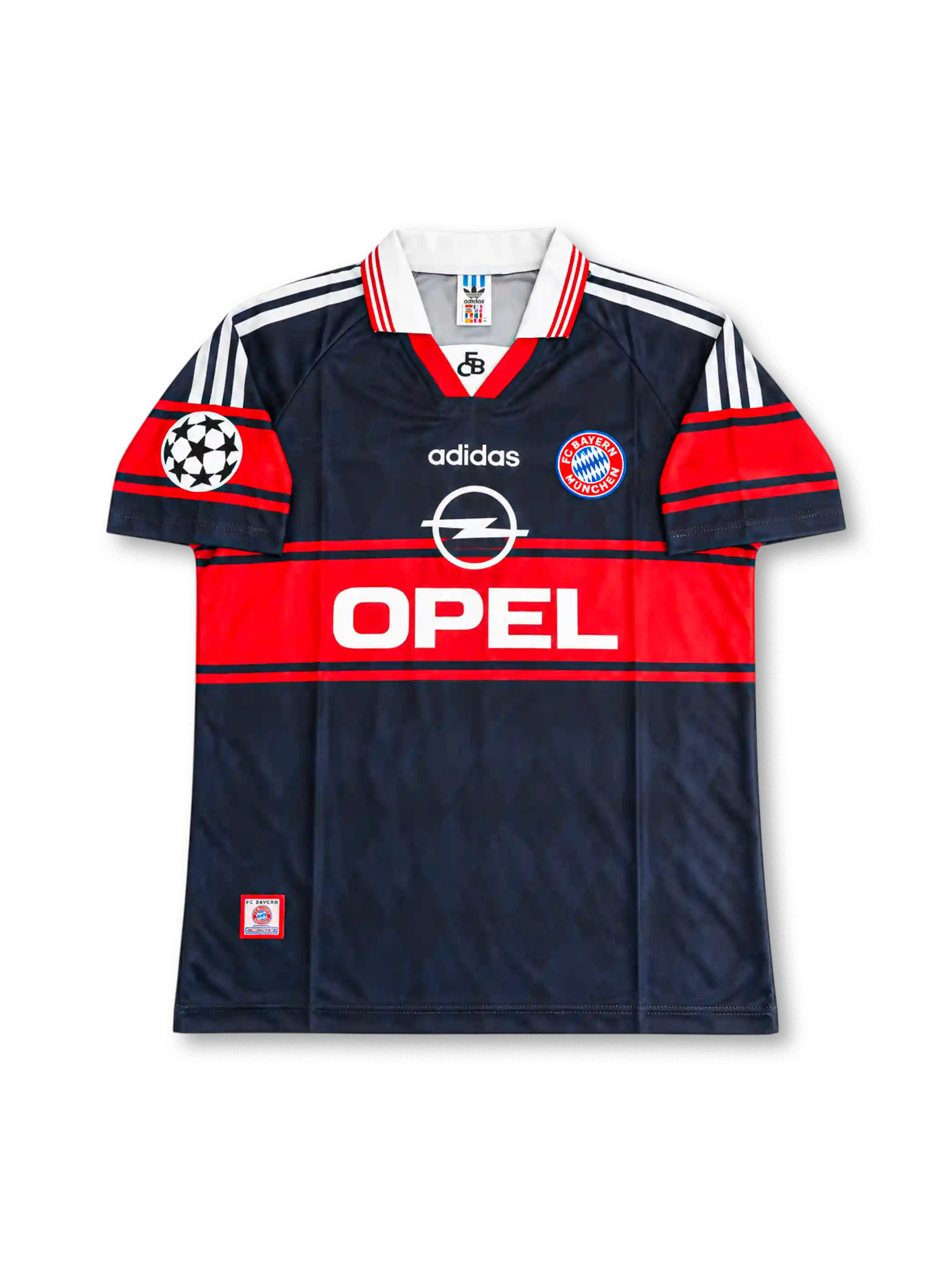 バイエルン・ミュンヘン 1997〜1999年 アウェイユニフォーム ローター・マテウス10番。adidas製のダークネイビーのボディにレッドの太い胸ラインと袖の切り替え、ホワイトの折り襟と肩のスリーストライプを組み合わせたレトロサッカージャージ。胸元にはadidasロゴ、バイエルンのクラブエンブレム、ホワイトのOPELスポンサーロゴを配置。UEFAチャンピオンズリーグの袖章を備え、背面にはMATTHÄUSのネームとホワイトの10番を配したデザイン。