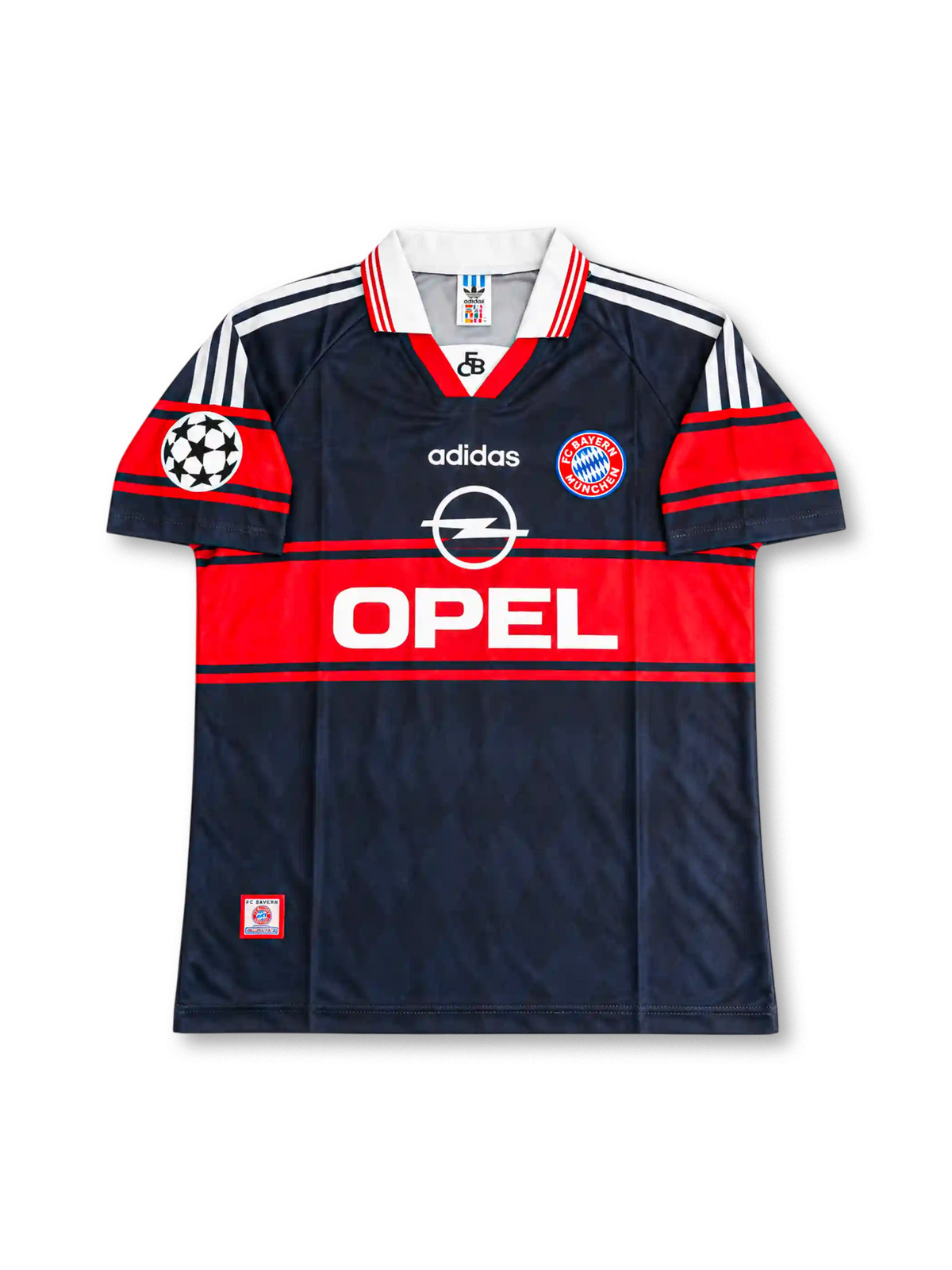 バイエルン・ミュンヘン 1997〜1999年 アウェイユニフォーム ローター・マテウス10番。adidas製のダークネイビーのボディにレッドの太い胸ラインと袖の切り替え、ホワイトの折り襟と肩のスリーストライプを組み合わせたレトロサッカージャージ。胸元にはadidasロゴ、バイエルンのクラブエンブレム、ホワイトのOPELスポンサーロゴを配置。UEFAチャンピオンズリーグの袖章を備え、背面にはMATTHÄUSのネームとホワイトの10番を配したデザイン。