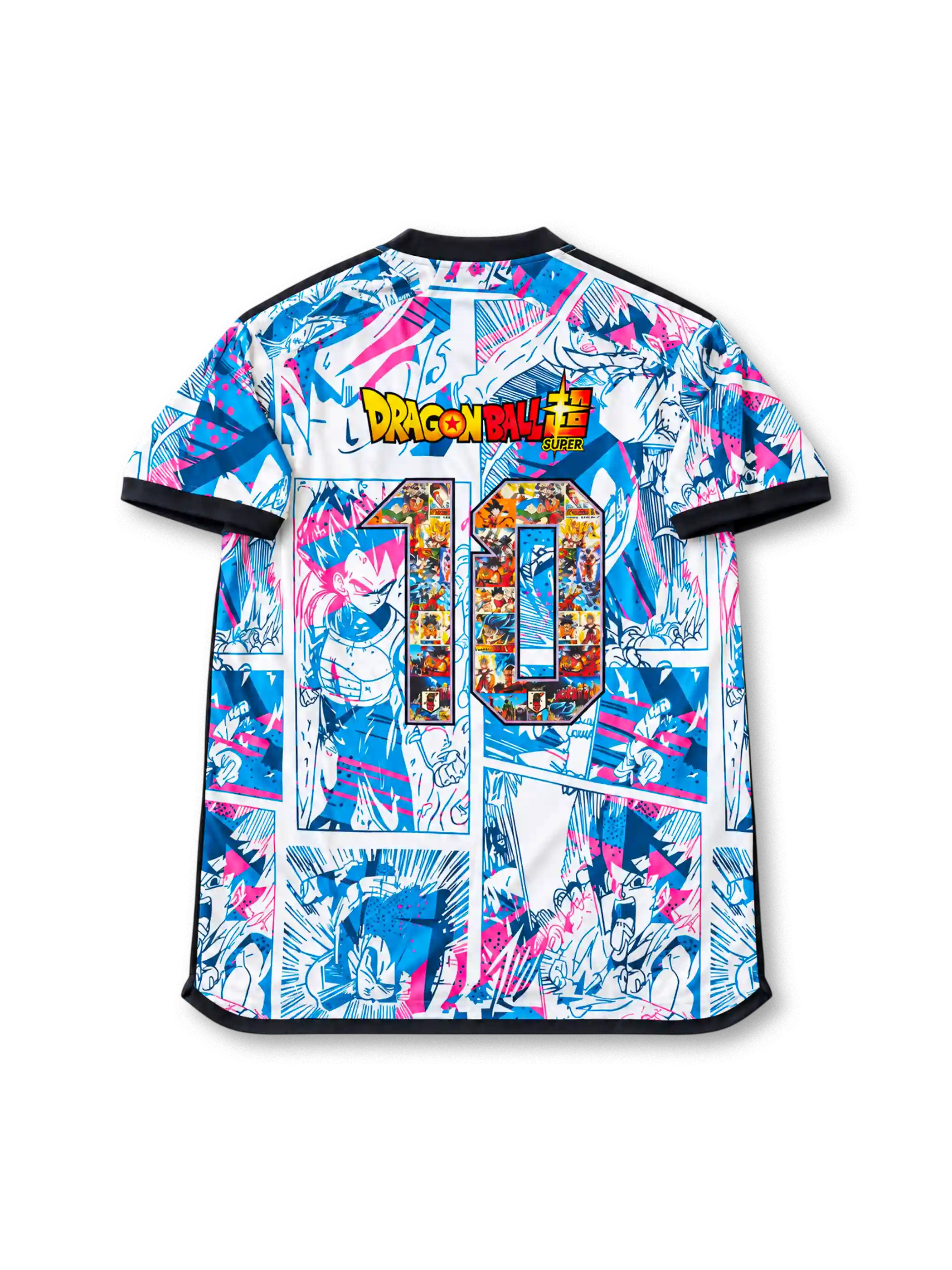 Front view of Japan Dragon Ball Super collaboration shirt with all-over manga panel graphics, Japan chest patch, central #10 detail, and black trim.