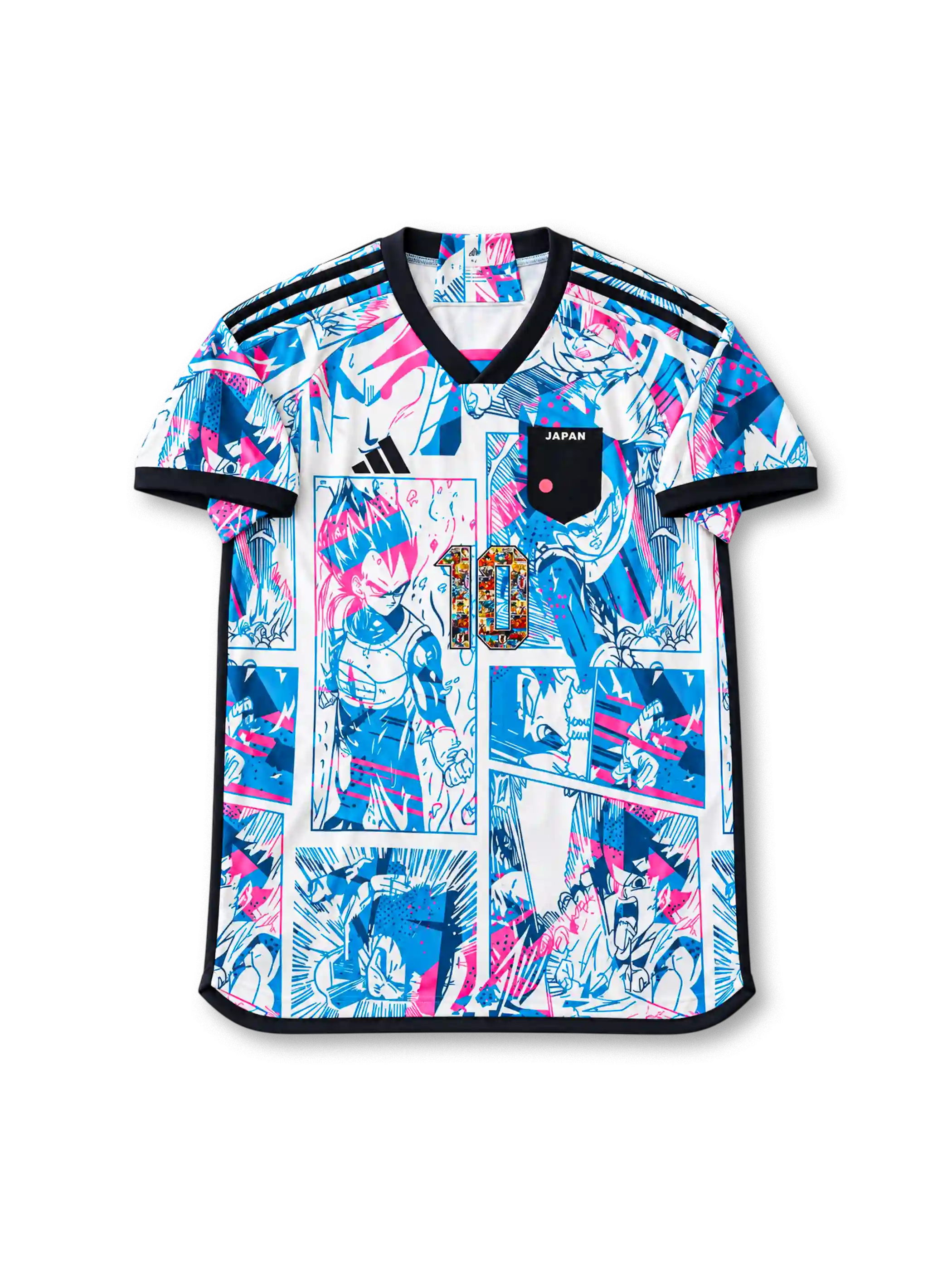 Front view of Japan Dragon Ball Super collaboration shirt with all-over manga panel graphics, Japan chest patch, central #10 detail, and black trim.