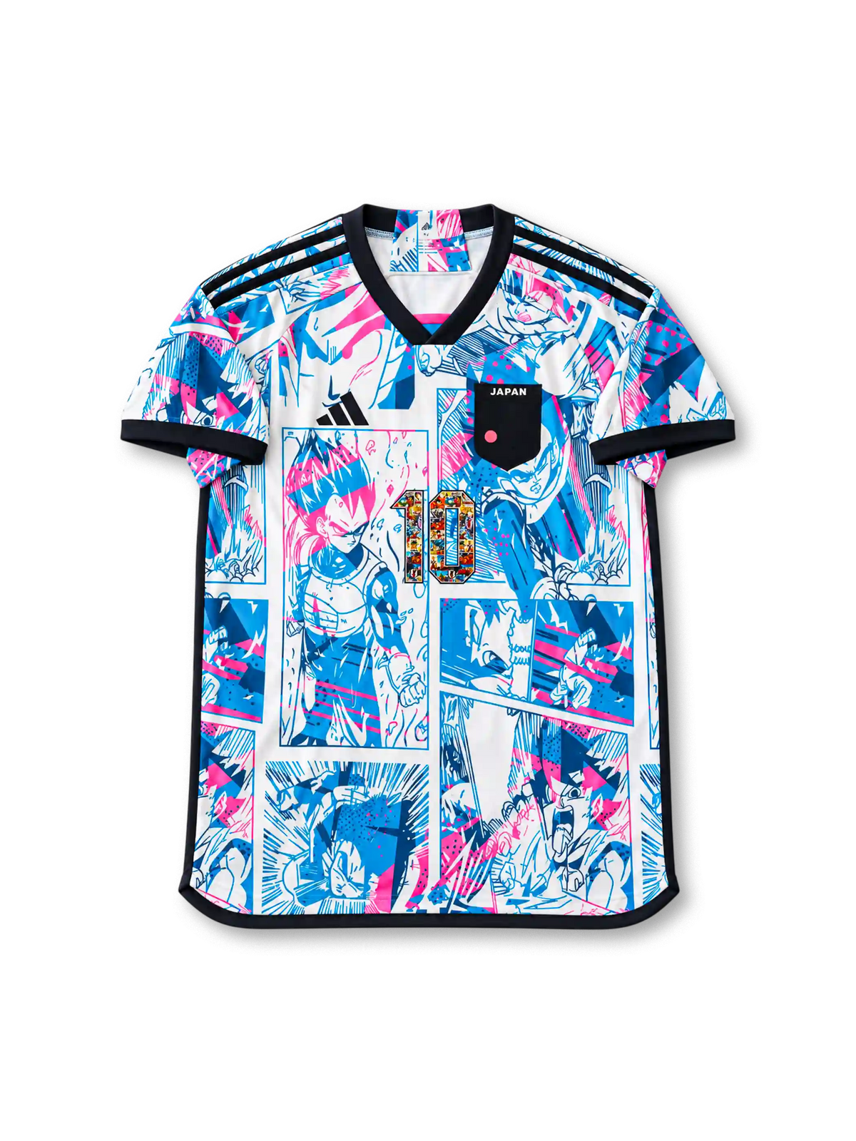 Front view of Japan Dragon Ball Super collaboration shirt with all-over manga panel graphics, Japan chest patch, central #10 detail, and black trim.