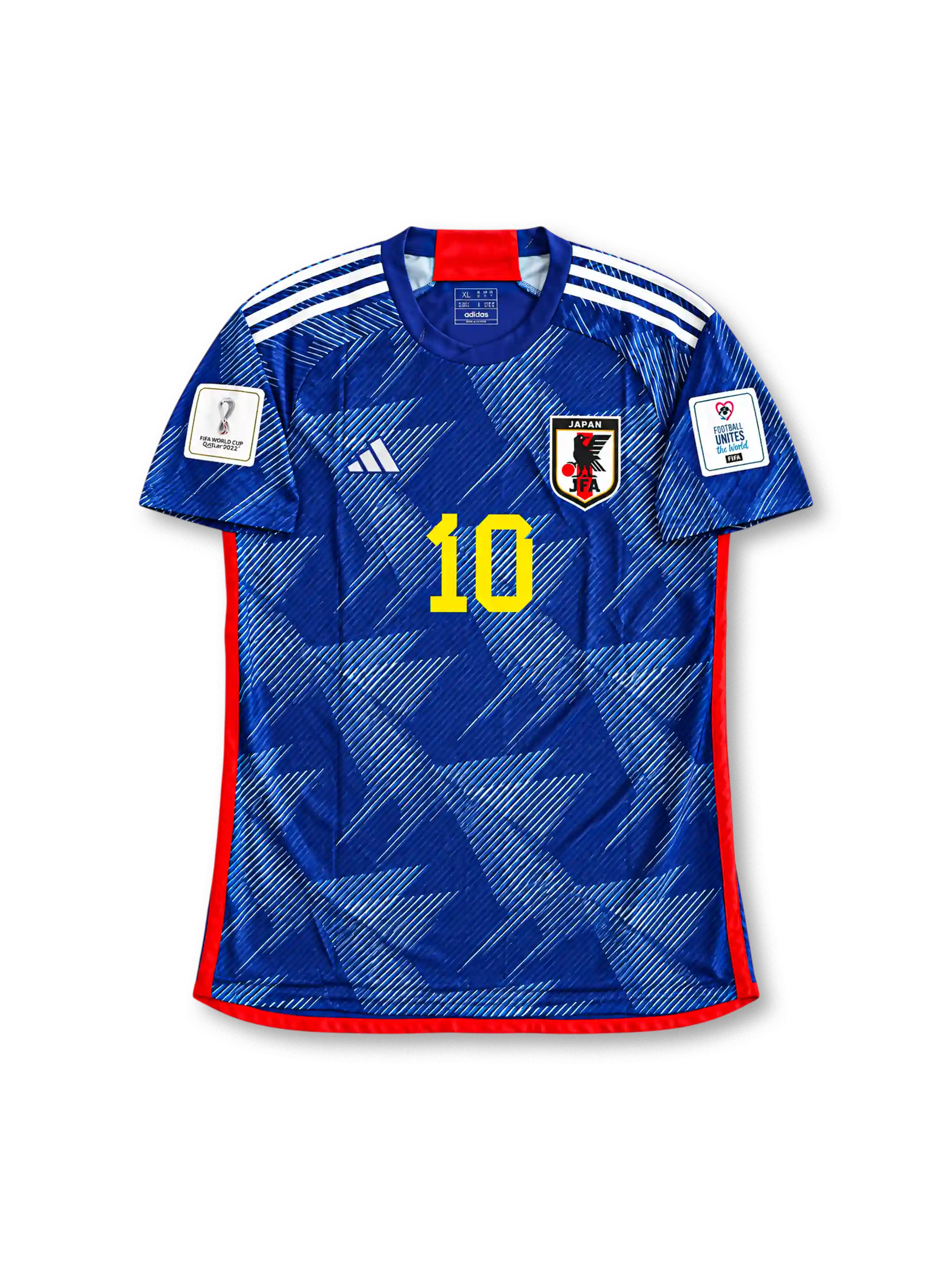 Front view of Japan 2022 World Cup home shirt with blue origami-inspired pattern, Japan crest, yellow #10 print, red trim, and Qatar 2022 sleeve patch.