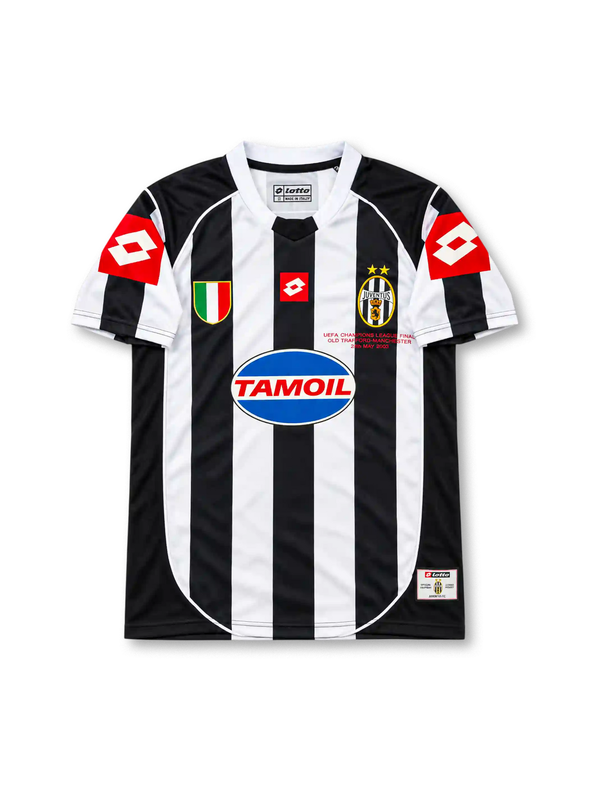 Front view of Juventus 2002-03 home jersey with black-and-white stripes, Tamoil sponsor, Scudetto shield, two-star crest, and red sleeve panels.