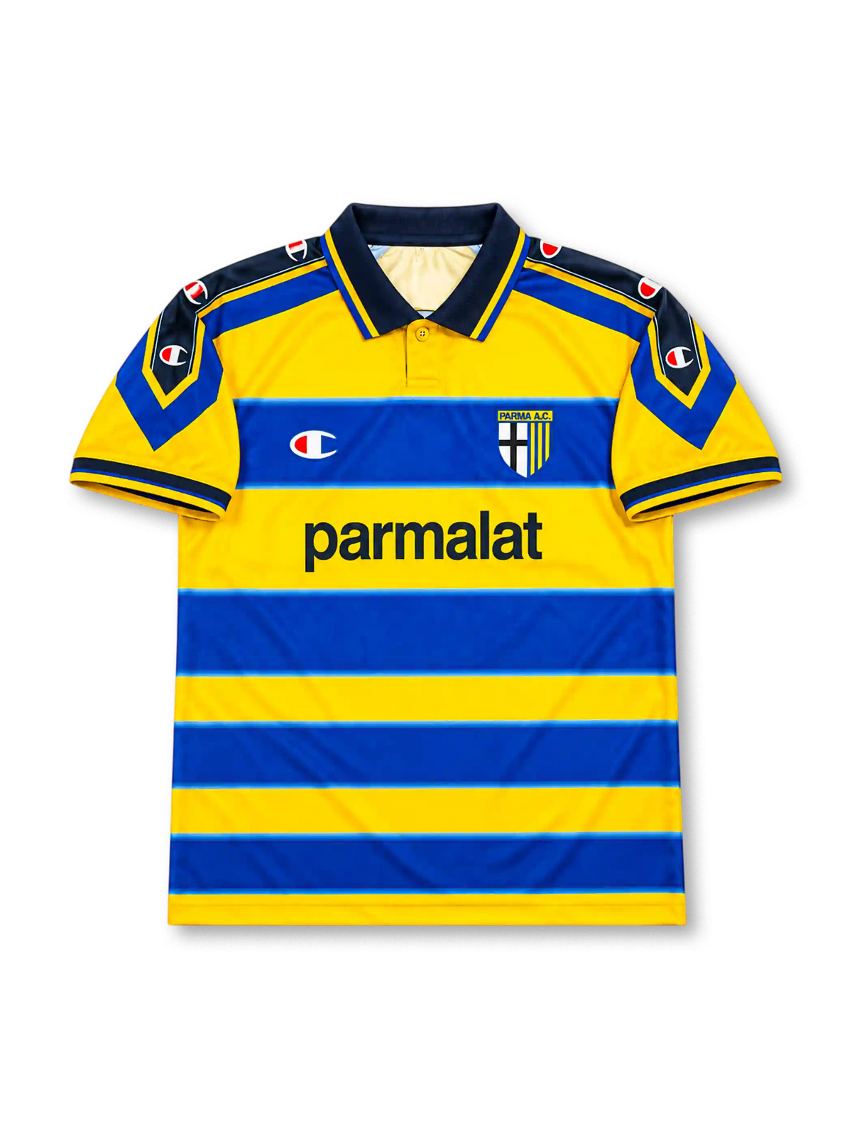 Parma AC 1999-00 home jersey featuring Hernan Crespo #9, Champion yellow and blue horizontal stripes, navy polo collar, Champion shoulder detailing, Parmalat sponsor logo, club crest, and CRESPO name and number 9 on the back of this retro soccer jersey.