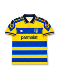 Parma AC 1999-00 home jersey featuring Hernan Crespo #9, Champion yellow and blue horizontal stripes, navy polo collar, Champion shoulder detailing, Parmalat sponsor logo, club crest, and CRESPO name and number 9 on the back of this retro soccer jersey.