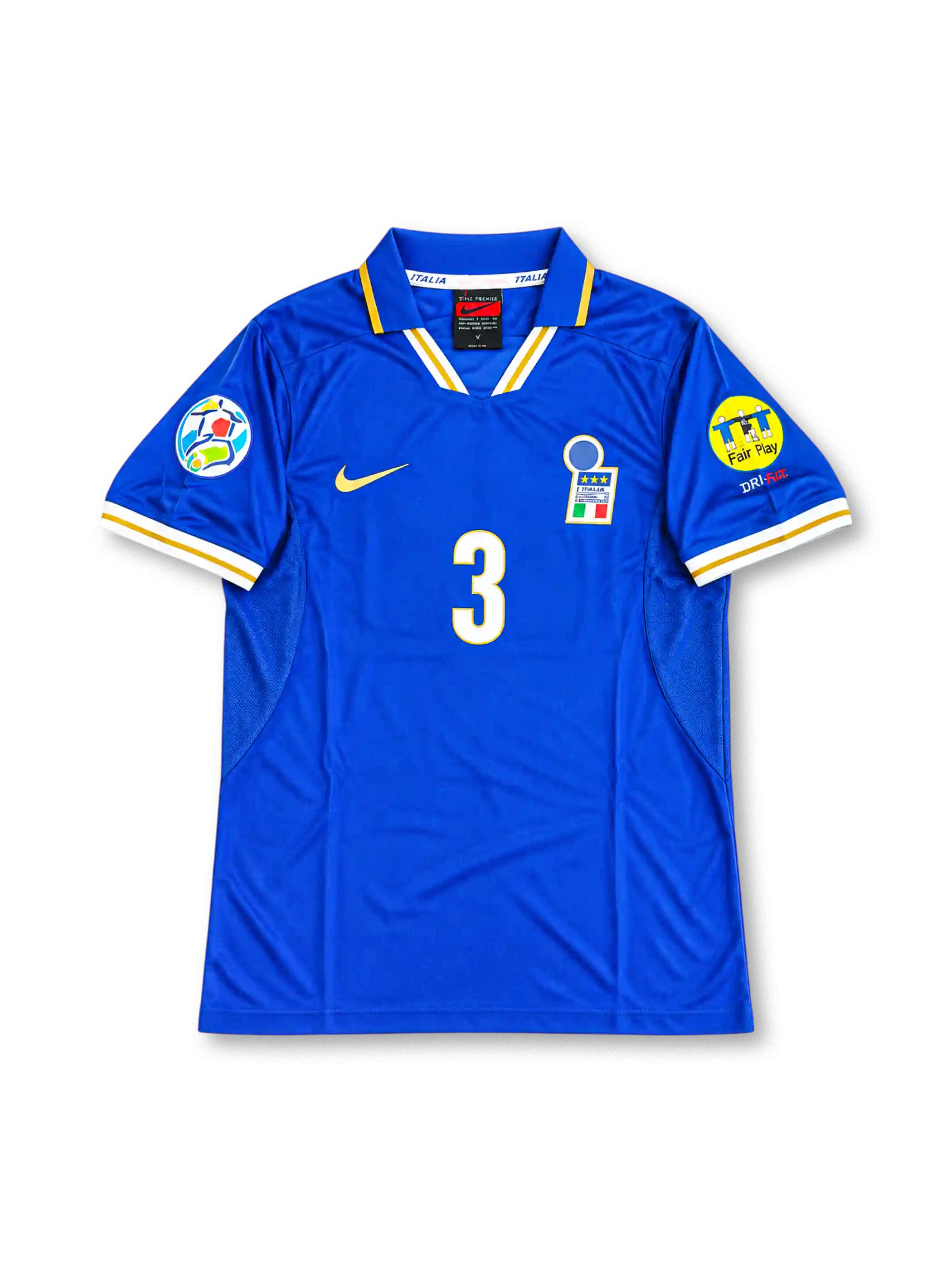 Italy 1996 home jersey featuring Paolo Maldini #3, classic Nike Azzurri blue shirt with white and gold trim on the collar and sleeve cuffs, Italian national team crest, white number 3 on the front, and MALDINI name and number 3 on the back, reflecting the iconic UEFA Euro 1996 design.