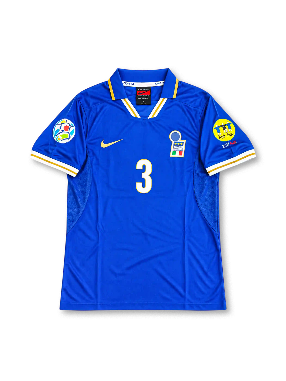 Italy 1996 home jersey featuring Paolo Maldini #3, classic Nike Azzurri blue shirt with white and gold trim on the collar and sleeve cuffs, Italian national team crest, white number 3 on the front, and MALDINI name and number 3 on the back, reflecting the iconic UEFA Euro 1996 design.