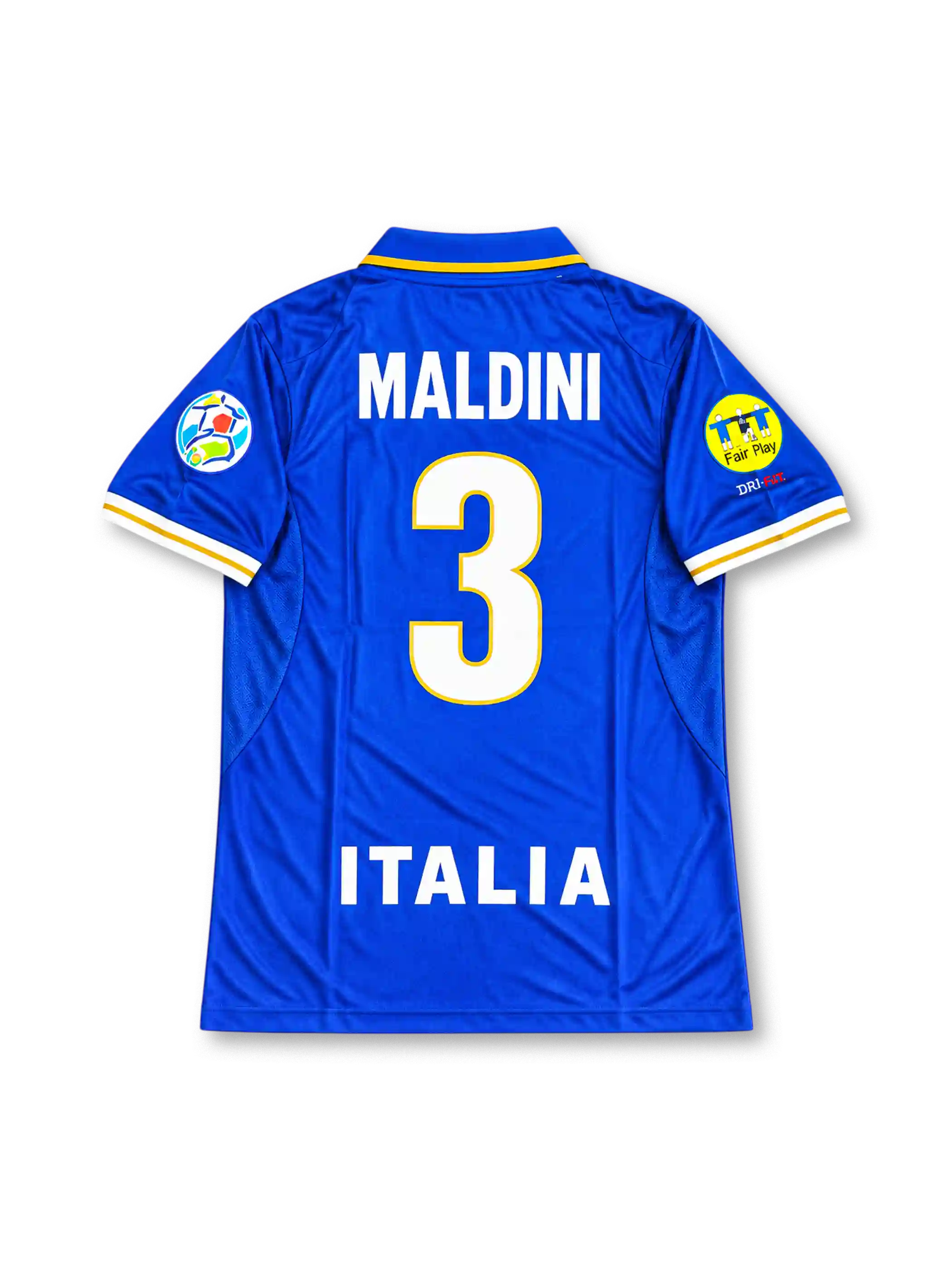 Italy 1996 home jersey featuring Paolo Maldini #3, classic Nike Azzurri blue shirt with white and gold trim on the collar and sleeve cuffs, Italian national team crest, white number 3 on the front, and MALDINI name and number 3 on the back, reflecting the iconic UEFA Euro 1996 design.