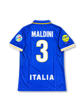Italy 1996 home jersey featuring Paolo Maldini #3, classic Nike Azzurri blue shirt with white and gold trim on the collar and sleeve cuffs, Italian national team crest, white number 3 on the front, and MALDINI name and number 3 on the back, reflecting the iconic UEFA Euro 1996 design.