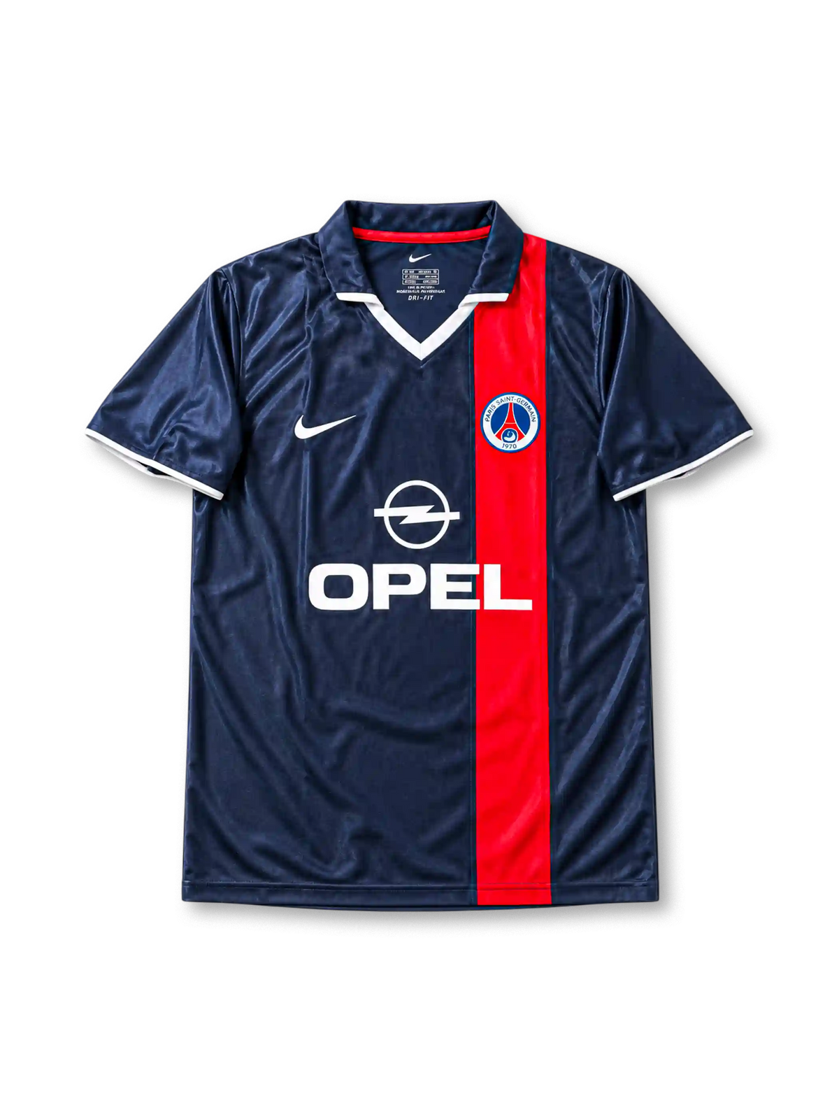 Paris Saint-Germain 2001-02 home jersey featuring Ronaldinho #21, Nike navy blue soccer shirt with an offset red vertical stripe, white V-neck detailing, OPEL sponsor logo, Nike Swoosh, PSG club crest, and RONALDINHO name and number 21 on the back of this retro soccer jersey.
