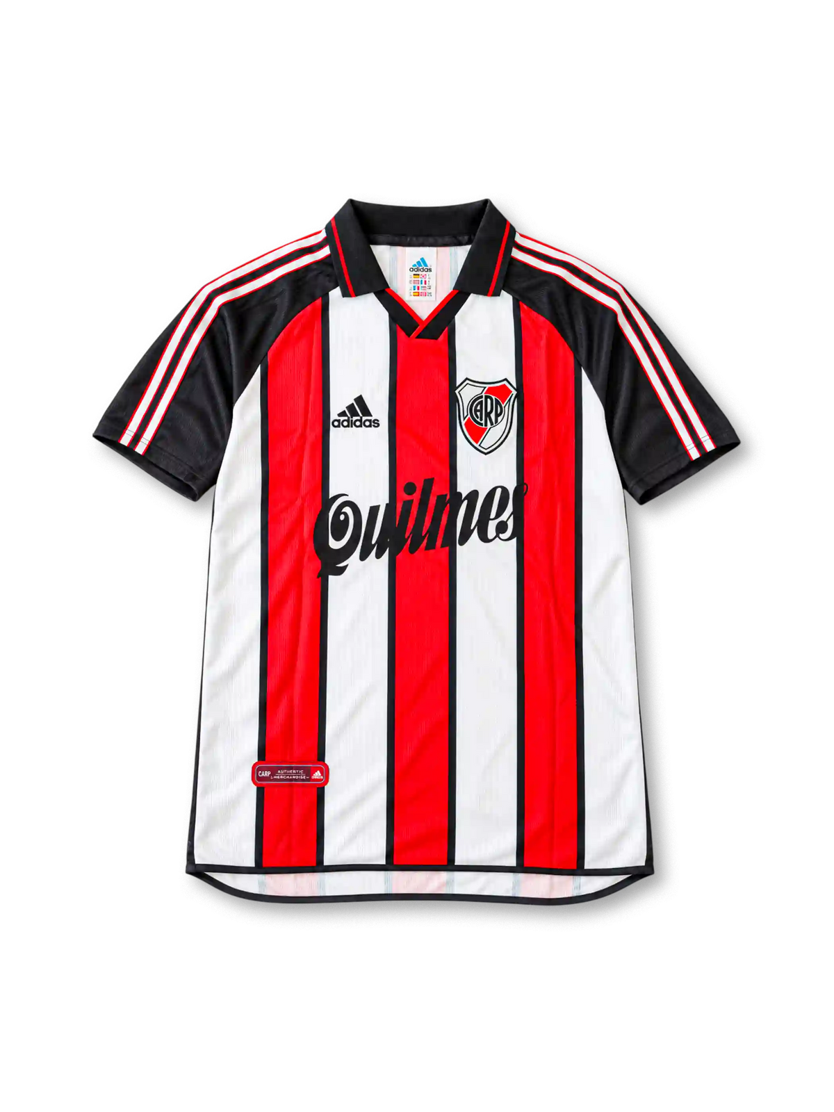 River Plate 2001 tricolor jersey featuring Ariel Ortega #10, adidas red, white and black vertical striped soccer shirt with black polo collar and sleeves, three-stripe shoulder detailing, Quilmes sponsor logo, River Plate club crest, and ORTEGA name and number 10 on the back.