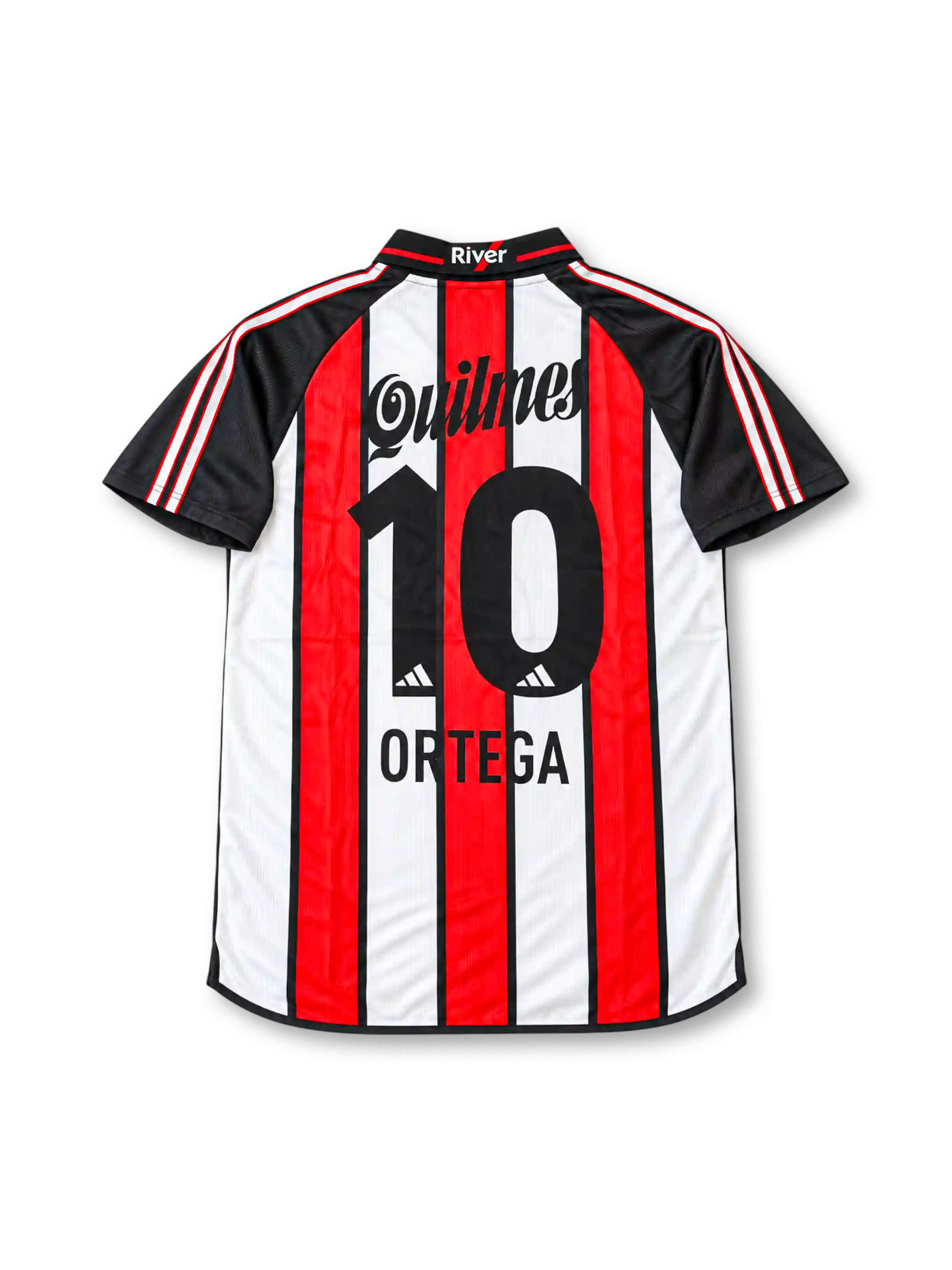River Plate 2001 tricolor jersey featuring Ariel Ortega #10, adidas red, white and black vertical striped soccer shirt with black polo collar and sleeves, three-stripe shoulder detailing, Quilmes sponsor logo, River Plate club crest, and ORTEGA name and number 10 on the back.