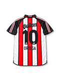 River Plate 2001 tricolor jersey featuring Ariel Ortega #10, adidas red, white and black vertical striped soccer shirt with black polo collar and sleeves, three-stripe shoulder detailing, Quilmes sponsor logo, River Plate club crest, and ORTEGA name and number 10 on the back.