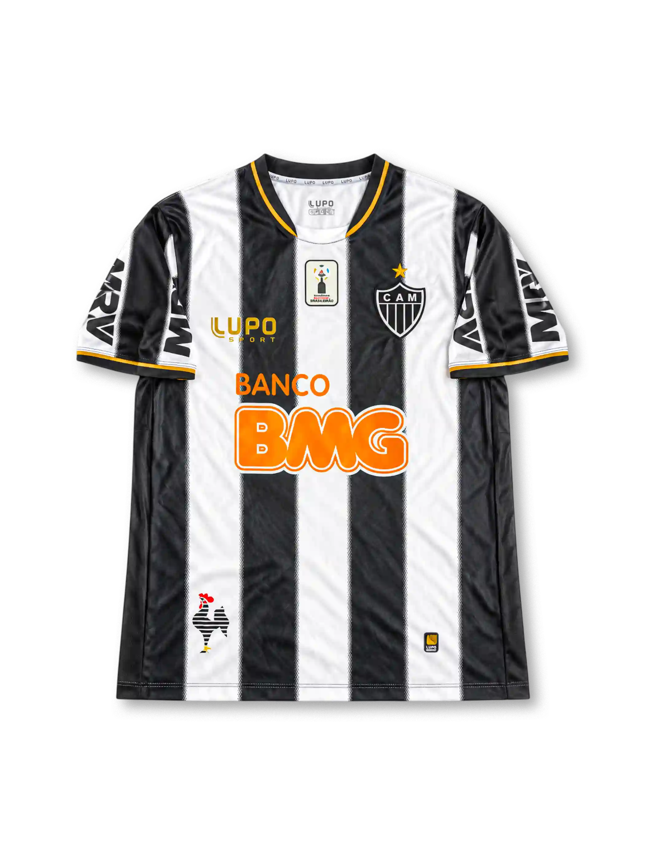 Atlético Mineiro 2013 home jersey featuring Ronaldinho #10, Lupo Sport black and white vertical striped soccer shirt with gold-trimmed V-neck, orange Banco BMG sponsor logo, CAM club crest, MRV sleeve branding, and RONALDINHO name and number 10 on the back, celebrating the club's 2013 Copa Libertadores winning season.