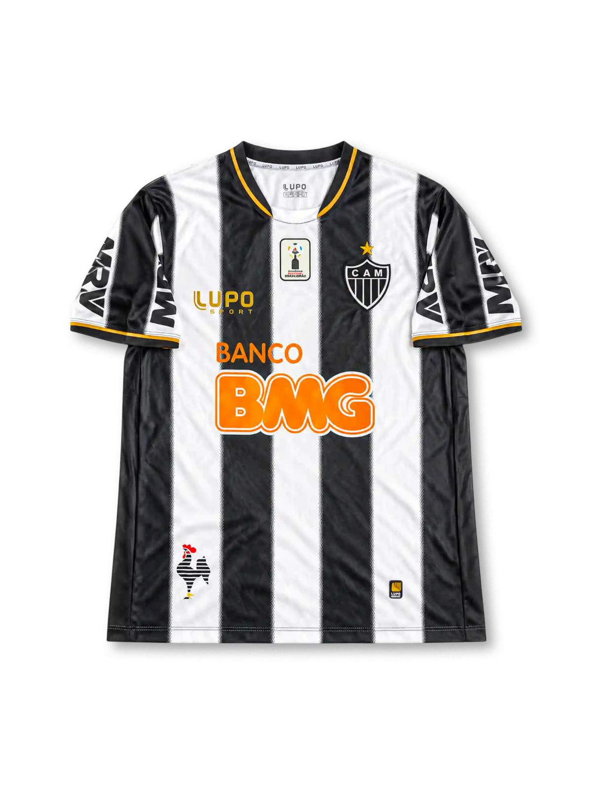 Atlético Mineiro 2013 home jersey featuring Ronaldinho #10, Lupo Sport black and white vertical striped soccer shirt with gold-trimmed V-neck, orange Banco BMG sponsor logo, CAM club crest, MRV sleeve branding, and RONALDINHO name and number 10 on the back, celebrating the club's 2013 Copa Libertadores winning season.