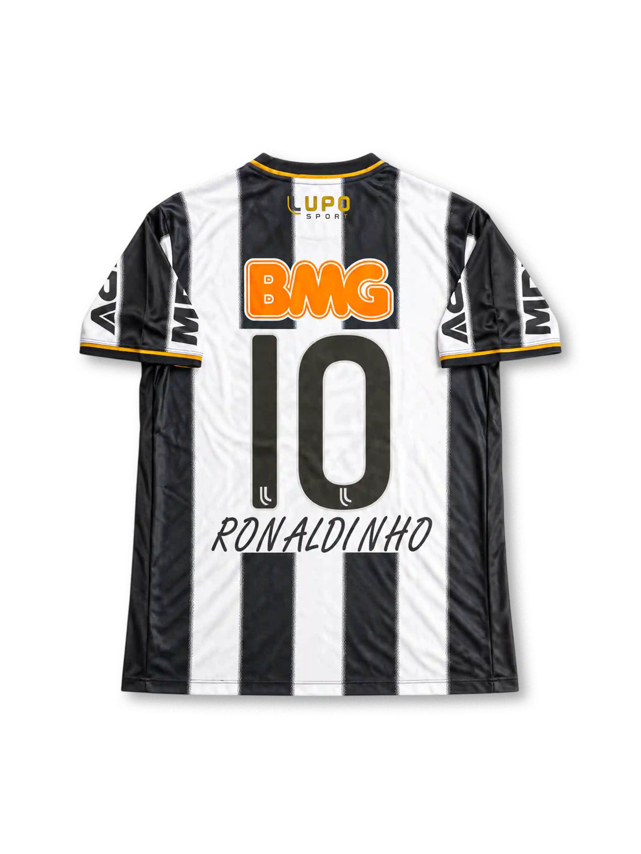 Atlético Mineiro 2013 home jersey featuring Ronaldinho #10, Lupo Sport black and white vertical striped soccer shirt with gold-trimmed V-neck, orange Banco BMG sponsor logo, CAM club crest, MRV sleeve branding, and RONALDINHO name and number 10 on the back, celebrating the club's 2013 Copa Libertadores winning season.