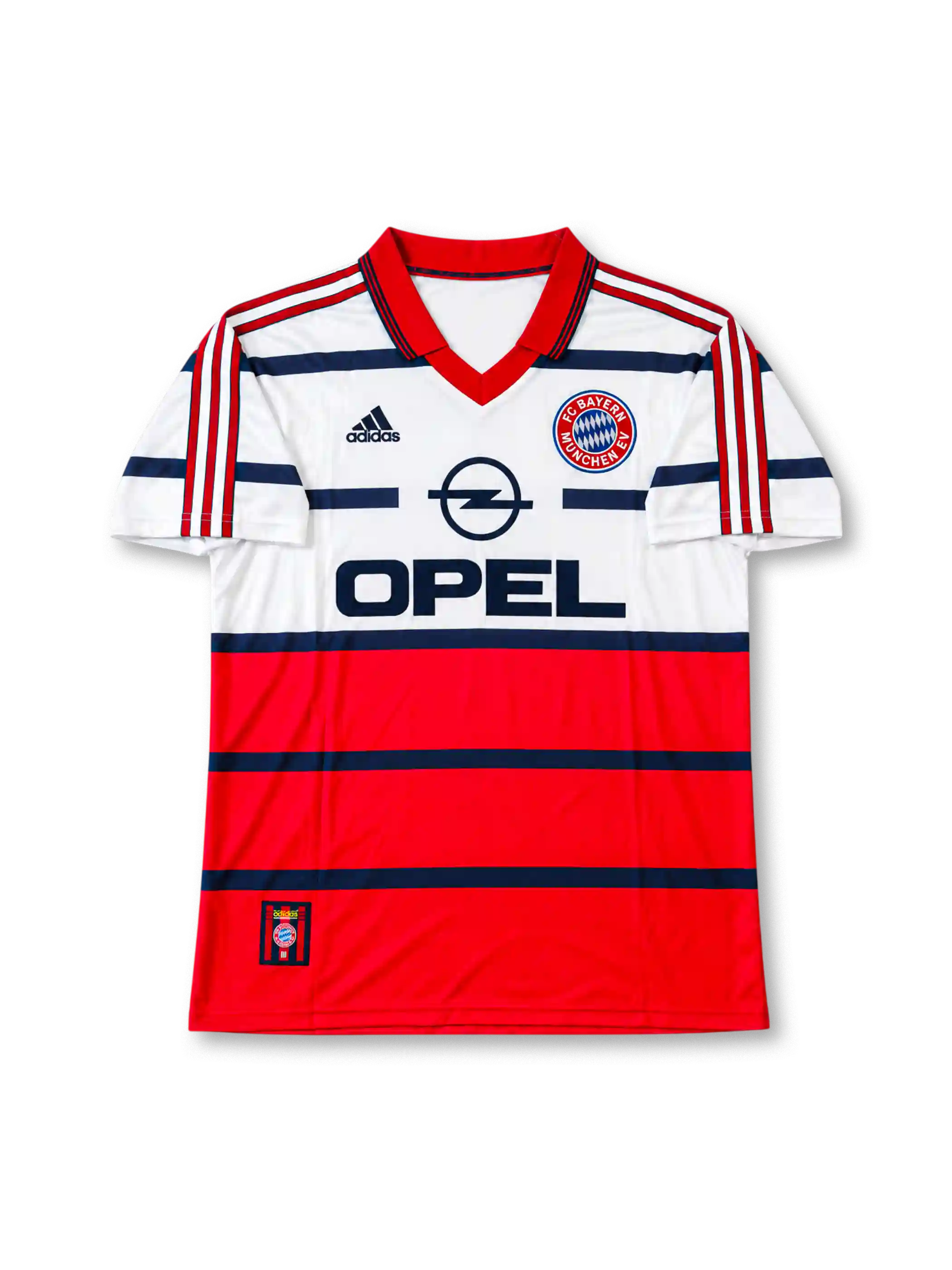 Bayern Munich 1998-00 away jersey featuring Lothar Matthaus #10, adidas soccer shirt with a white upper body, red lower section, navy horizontal stripes, red polo collar, red three-stripe shoulder detailing, black OPEL sponsor logo, Bayern Munich crest, and Bayern München lettering with Matthäus name and navy number 10 on the back.