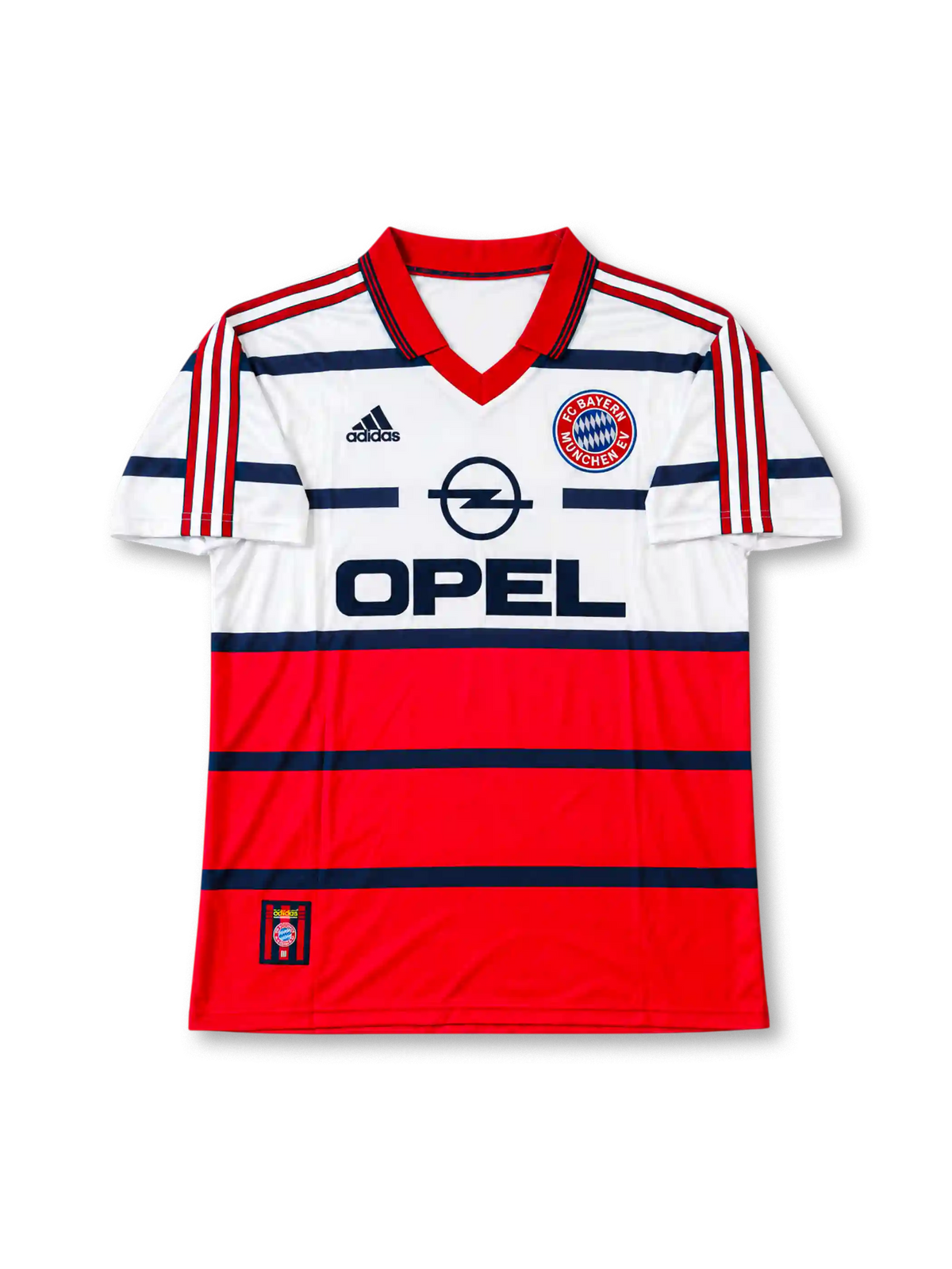 Bayern Munich 1998-00 away jersey featuring Lothar Matthaus #10, adidas soccer shirt with a white upper body, red lower section, navy horizontal stripes, red polo collar, red three-stripe shoulder detailing, black OPEL sponsor logo, Bayern Munich crest, and Bayern München lettering with Matthäus name and navy number 10 on the back.