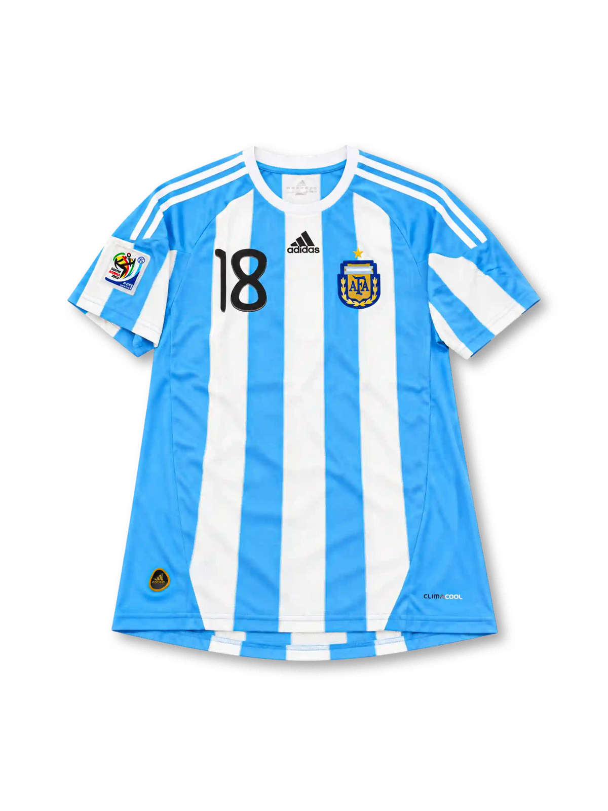 Argentina 2010 FIFA World Cup home jersey featuring Lionel Messi #10, adidas sky blue and white vertically striped soccer shirt with a white crew neck, white three-stripe shoulder detailing, black adidas logo, black number 10 on the chest, two-star Argentina AFA crest, and MESSI name and number 10 on the back.