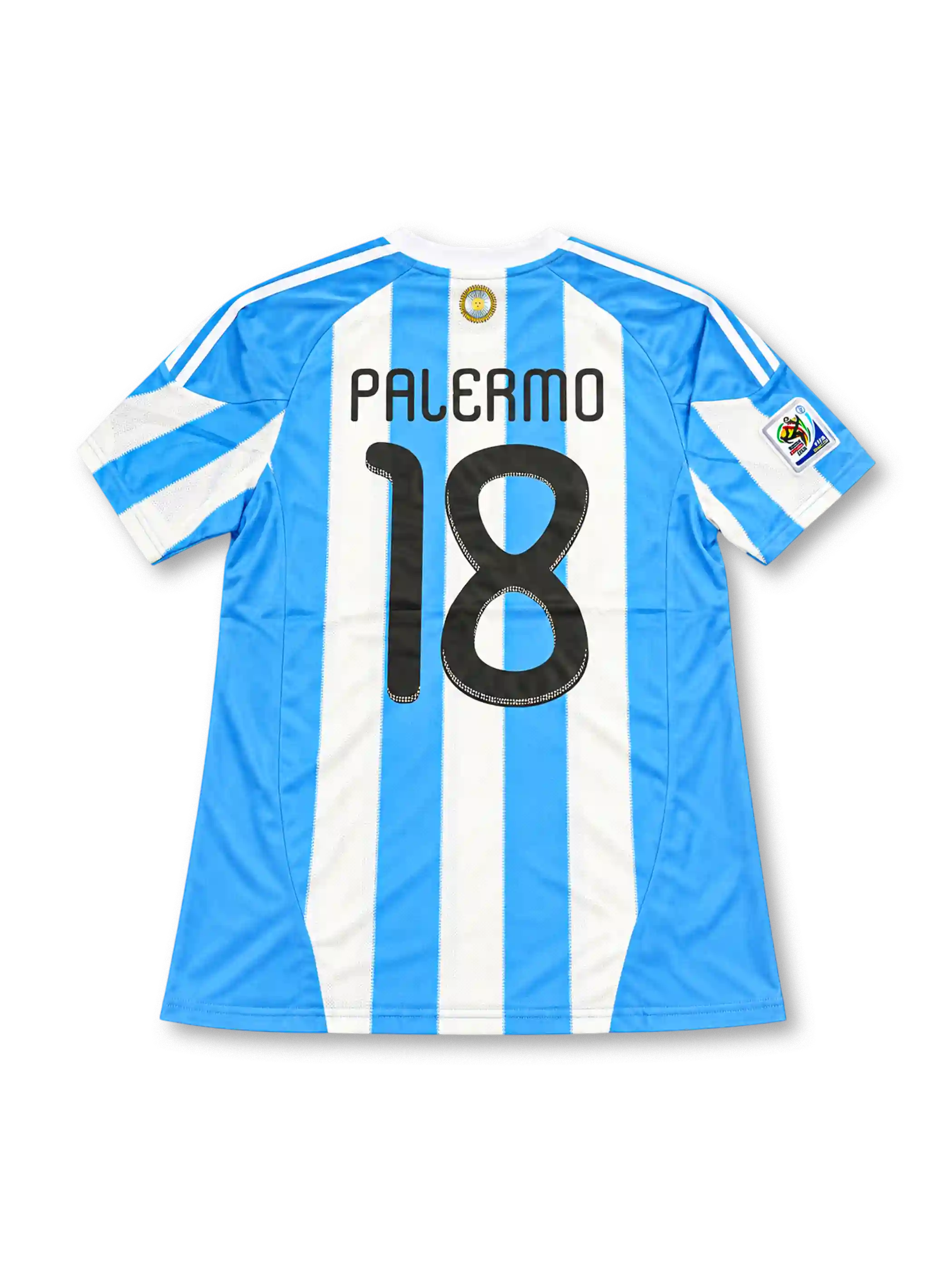 Argentina 2010 FIFA World Cup home jersey featuring Lionel Messi #10, adidas sky blue and white vertically striped soccer shirt with a white crew neck, white three-stripe shoulder detailing, black adidas logo, black number 10 on the chest, two-star Argentina AFA crest, and MESSI name and number 10 on the back.