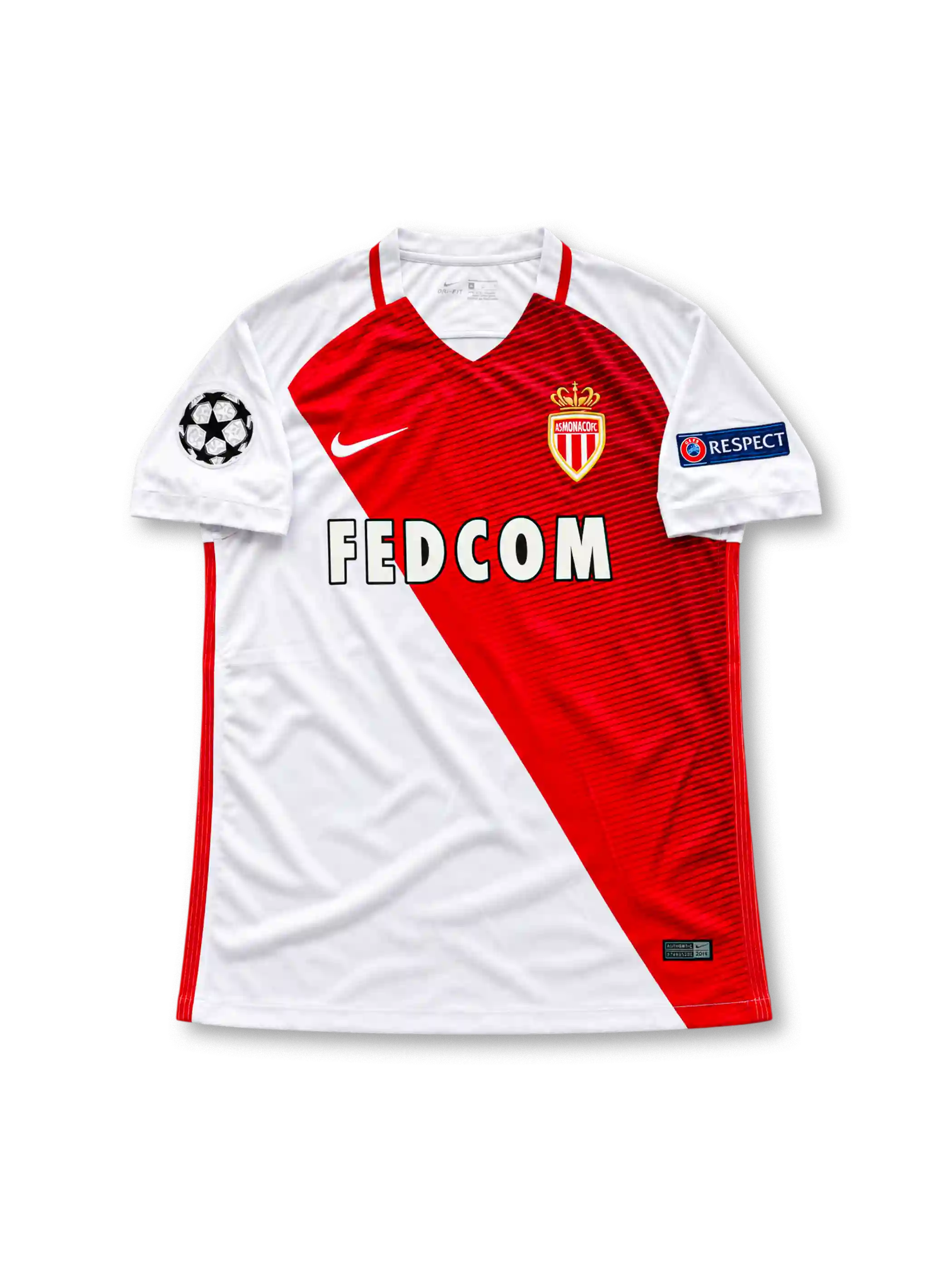 AS Monaco 2016-17 home jersey featuring Kylian Mbappe #29, Nike red and white diagonal split soccer shirt with subtle tonal horizontal graphics, white sleeves, red-trimmed V-neck collar, FEDCOM sponsor logo, AS Monaco club crest, UEFA Champions League and Respect sleeve patches, and MBAPPÉ name with number 29 on the back.