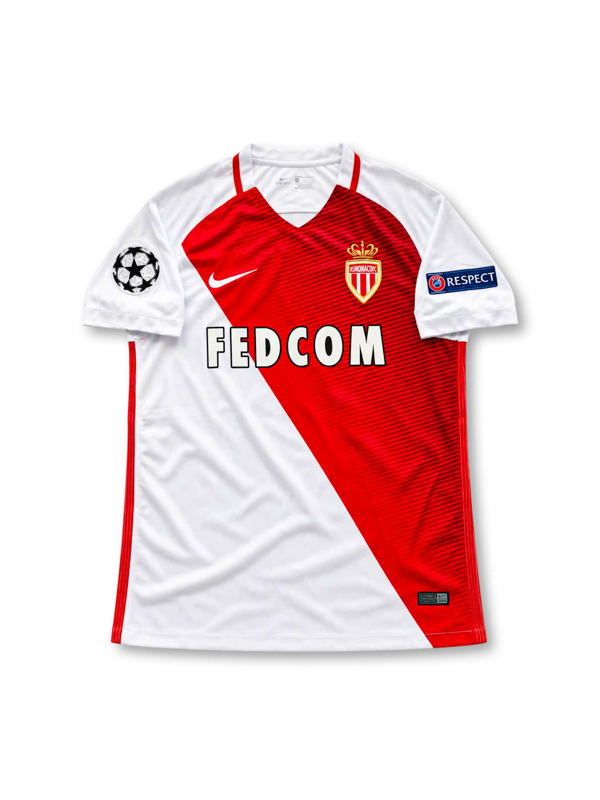AS Monaco 2016-17 home jersey featuring Kylian Mbappe #29, Nike red and white diagonal split soccer shirt with subtle tonal horizontal graphics, white sleeves, red-trimmed V-neck collar, FEDCOM sponsor logo, AS Monaco club crest, UEFA Champions League and Respect sleeve patches, and MBAPPÉ name with number 29 on the back.