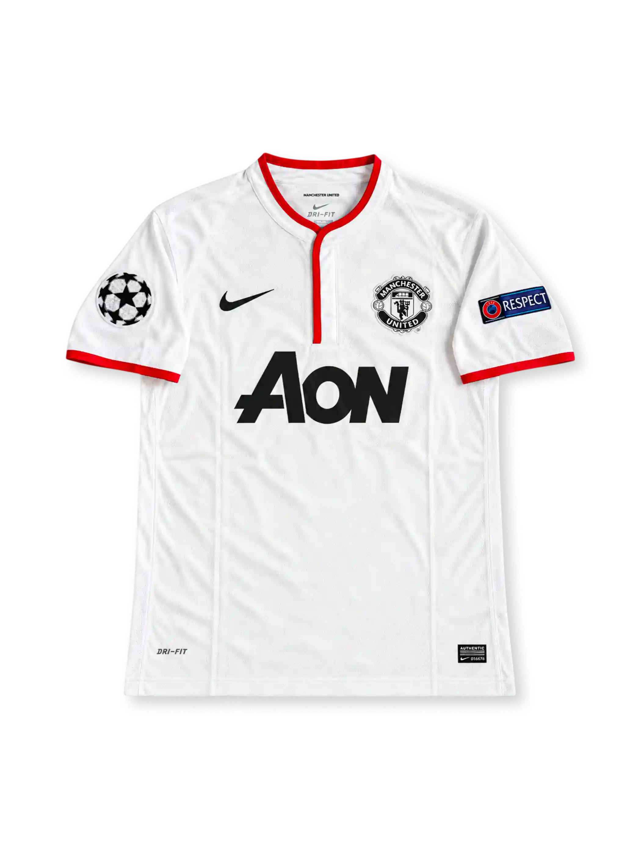 Manchester United 2012-13 away jersey featuring Wayne Rooney #10, white Nike soccer shirt with a red-trimmed Henley collar and sleeve cuffs, black Nike Swoosh, monochrome Manchester United crest, black Aon sponsor logo, UEFA Champions League and Respect sleeve patches, and ROONEY name with black number 10 on the back.