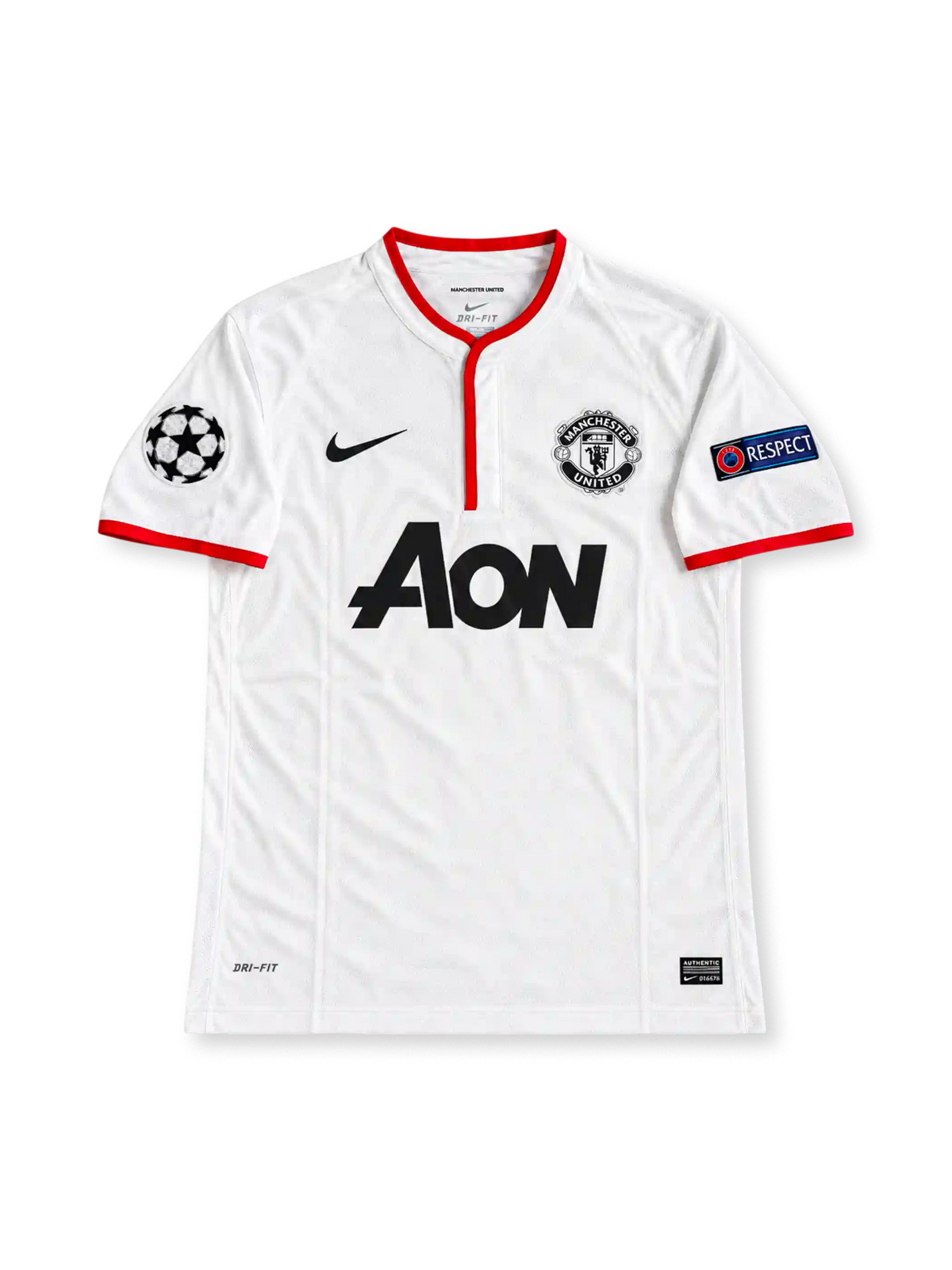 Manchester United 2012-13 away jersey featuring Wayne Rooney #10, white Nike soccer shirt with a red-trimmed Henley collar and sleeve cuffs, black Nike Swoosh, monochrome Manchester United crest, black Aon sponsor logo, UEFA Champions League and Respect sleeve patches, and ROONEY name with black number 10 on the back.