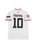 Manchester United 2012-13 away jersey featuring Wayne Rooney #10, white Nike soccer shirt with a red-trimmed Henley collar and sleeve cuffs, black Nike Swoosh, monochrome Manchester United crest, black Aon sponsor logo, UEFA Champions League and Respect sleeve patches, and ROONEY name with black number 10 on the back.
