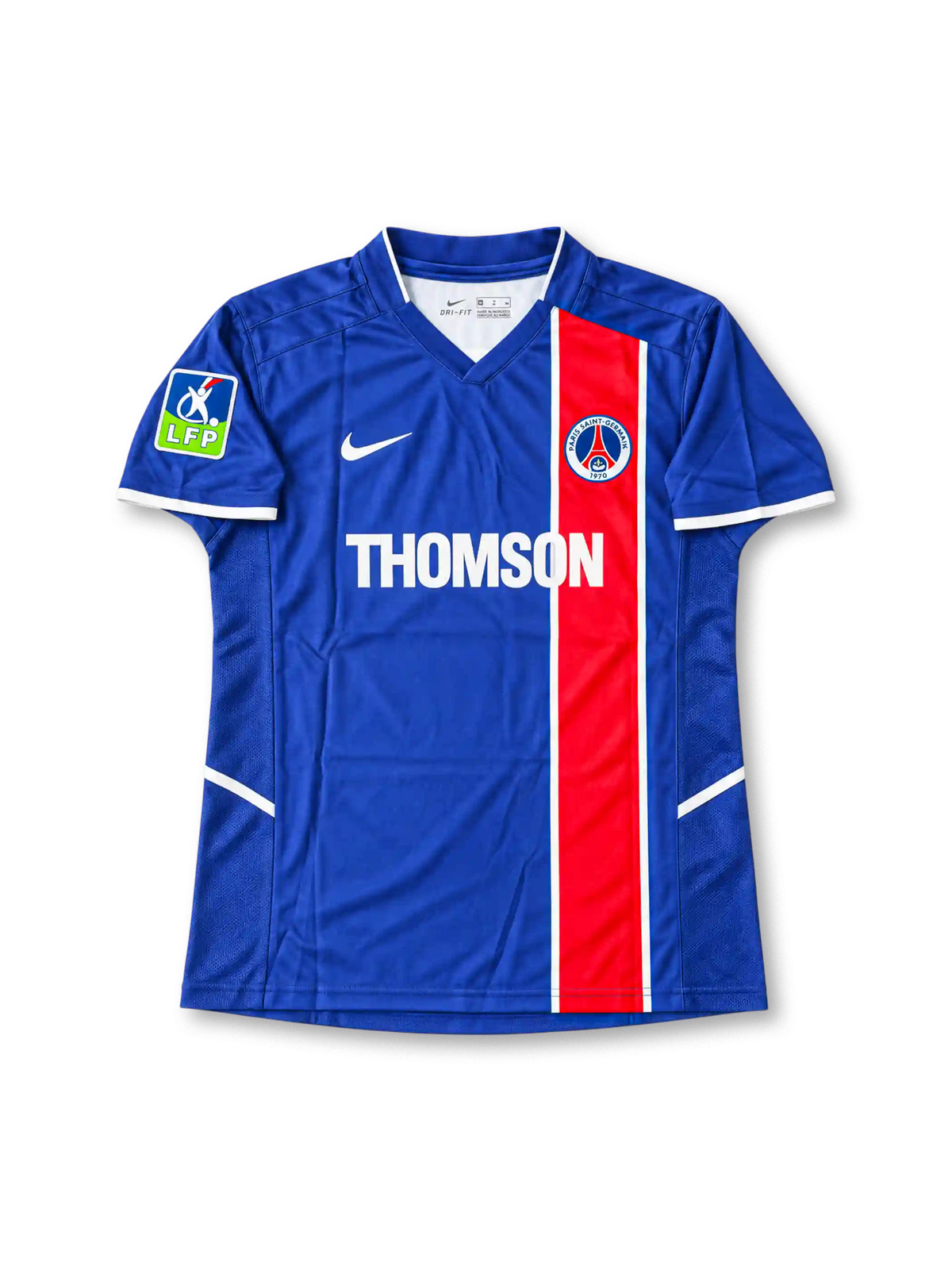 Paris Saint-Germain 2002-03 home jersey featuring Ronaldinho #10, Nike navy blue soccer shirt with an offset red vertical stripe bordered by thin white lines, white-trimmed V-neck collar, white Nike Swoosh, THOMSON sponsor logo, PSG club crest, LFP sleeve patch, and RONALDINHO name with number 10 on the back.