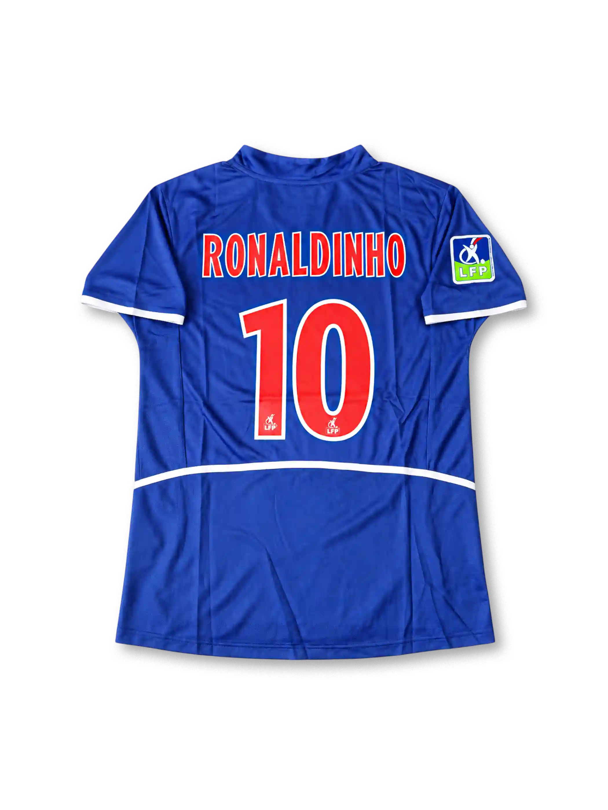 Paris Saint-Germain 2002-03 home jersey featuring Ronaldinho #10, Nike navy blue soccer shirt with an offset red vertical stripe bordered by thin white lines, white-trimmed V-neck collar, white Nike Swoosh, THOMSON sponsor logo, PSG club crest, LFP sleeve patch, and RONALDINHO name with number 10 on the back.