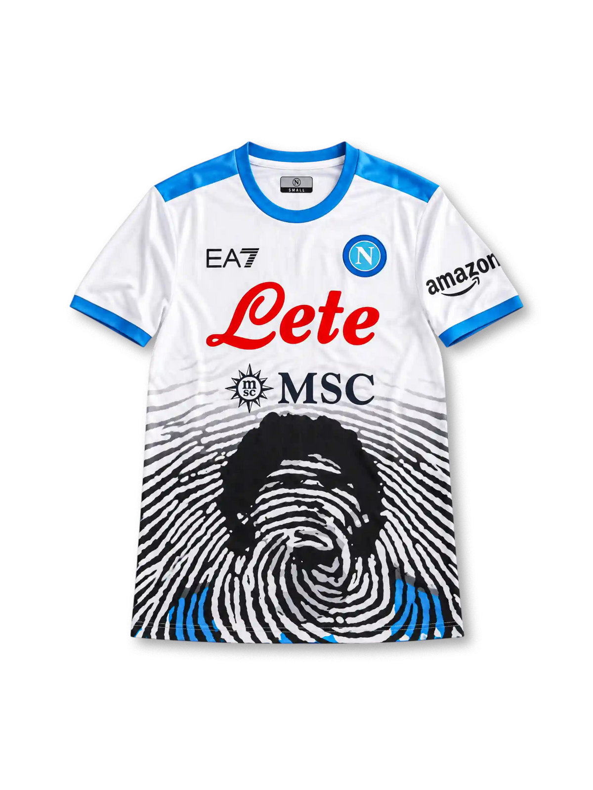 White 2021/22 Napoli Maradona tribute soccer jersey by EA7 with sky-blue shoulders and cuffs, Lete and MSC sponsors, and a fingerprint portrait graphic across the lower front