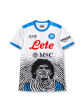 White 2021/22 Napoli Maradona tribute soccer jersey by EA7 with sky-blue shoulders and cuffs, Lete and MSC sponsors, and a fingerprint portrait graphic across the lower front