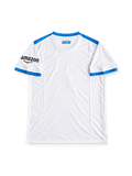 White 2021/22 Napoli Maradona tribute soccer jersey by EA7 with sky-blue shoulders and cuffs, Lete and MSC sponsors, and a fingerprint portrait graphic across the lower front