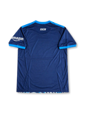 Front view of the 2021/22 SSC Napoli Maradona tribute special edition navy soccer jersey with EA7 branding, Lete and MSC sponsors, blue shoulder accents, and white fingerprint portrait graphic.