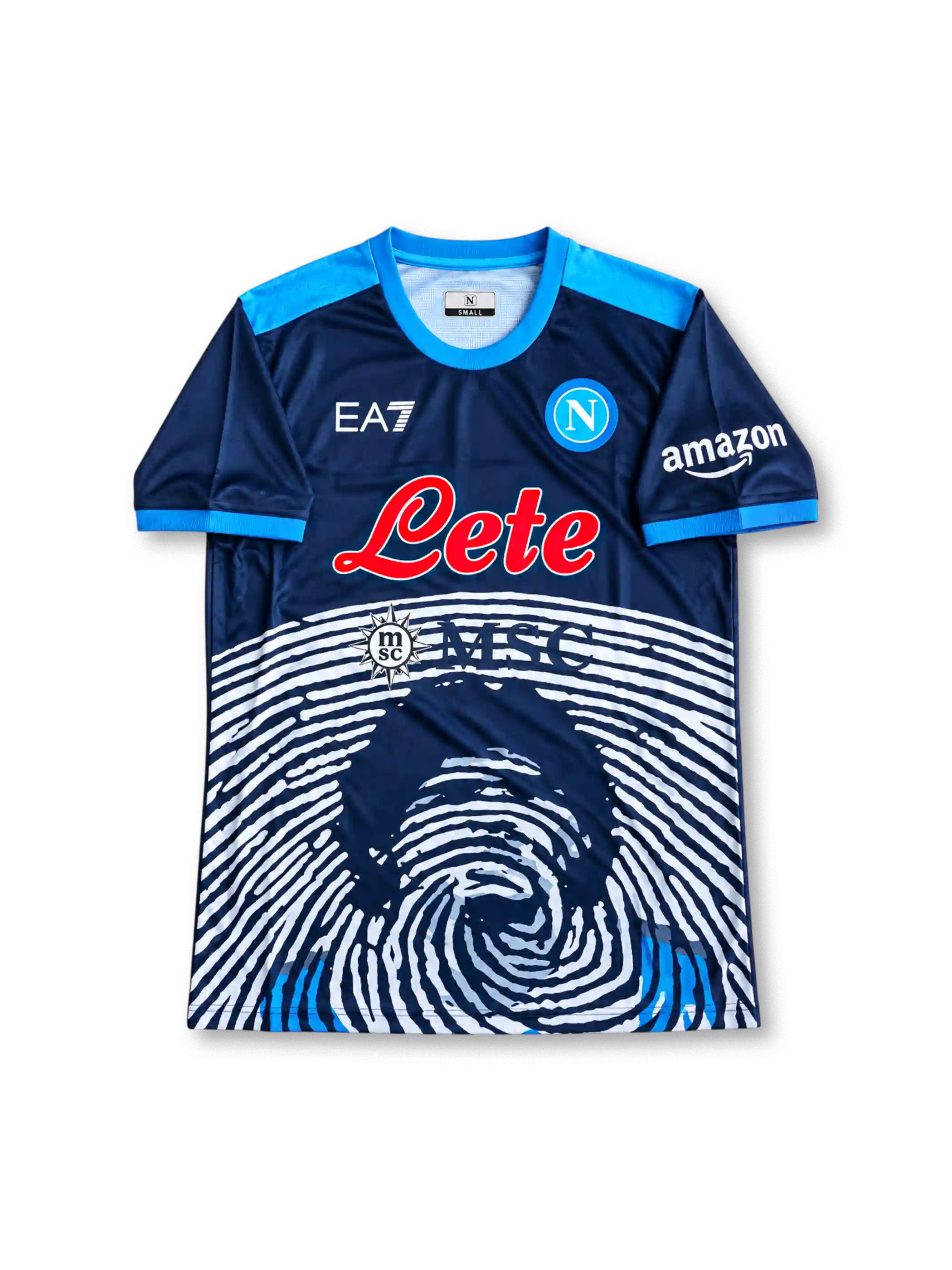 Front view of the 2021/22 SSC Napoli Maradona tribute special edition navy soccer jersey with EA7 branding, Lete and MSC sponsors, blue shoulder accents, and white fingerprint portrait graphic.