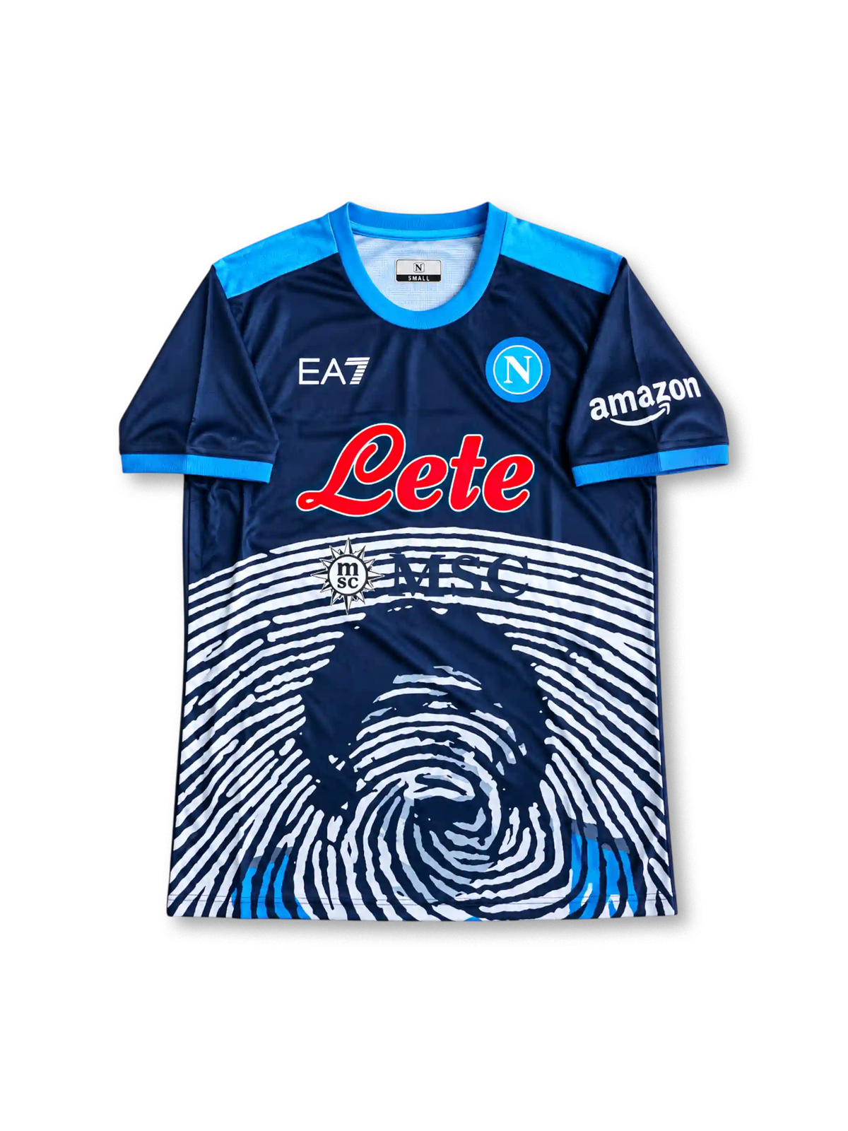 Front view of the 2021/22 SSC Napoli Maradona tribute special edition navy soccer jersey with EA7 branding, Lete and MSC sponsors, blue shoulder accents, and white fingerprint portrait graphic.