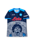 Front view of the 2021/22 SSC Napoli Maradona tribute special edition navy soccer jersey with EA7 branding, Lete and MSC sponsors, blue shoulder accents, and white fingerprint portrait graphic.