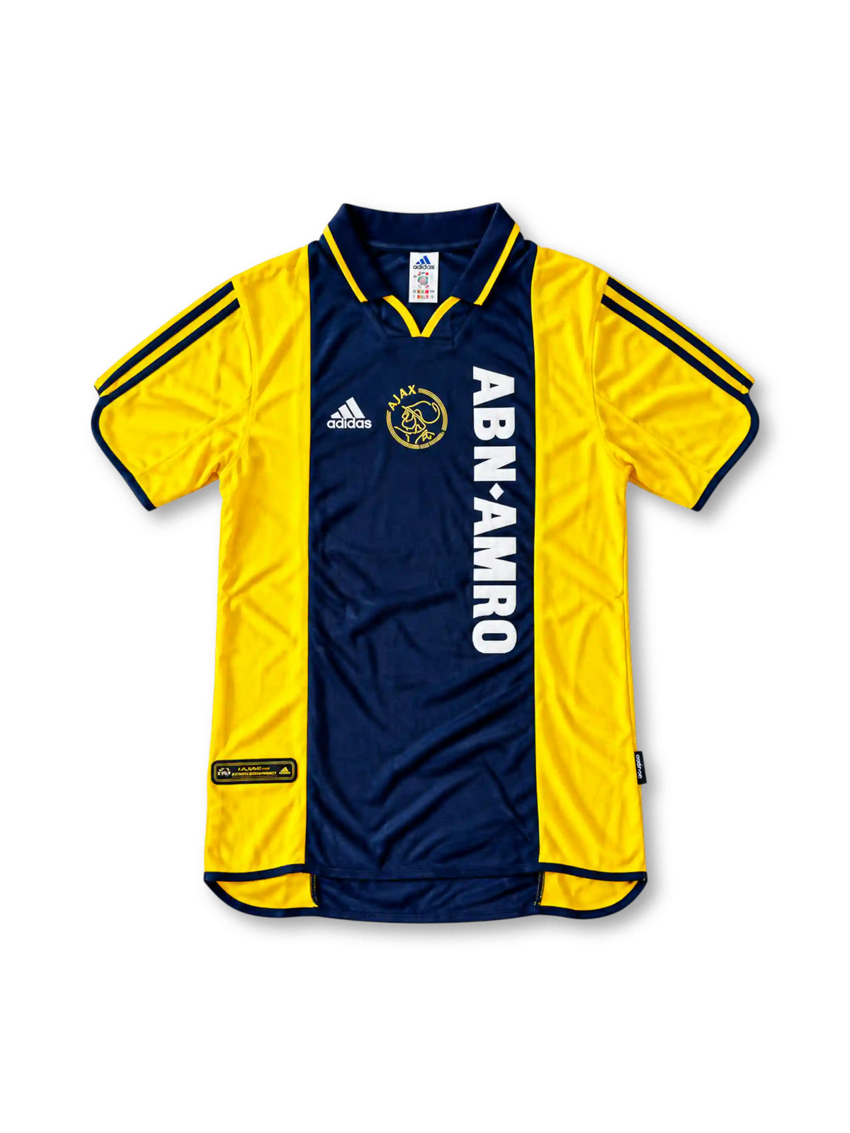 Front view of the 2000/01 Ajax centenary away soccer jersey in yellow and navy, featuring adidas three stripes, a navy polo collar, gold Ajax crest, and vertical white ABN AMRO sponsor.