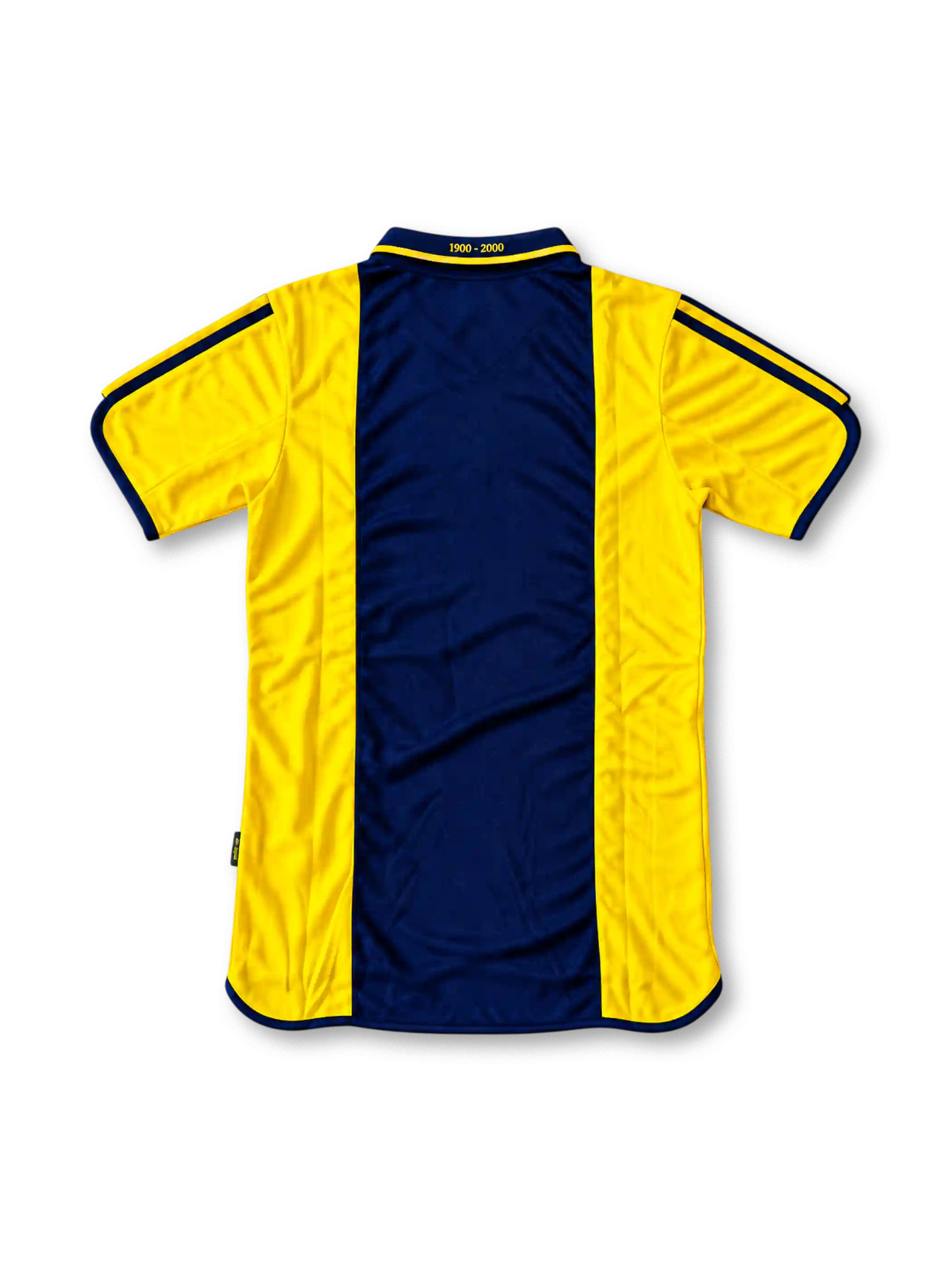 Front view of the 2000/01 Ajax centenary away soccer jersey in yellow and navy, featuring adidas three stripes, a navy polo collar, gold Ajax crest, and vertical white ABN AMRO sponsor.