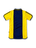 Front view of the 2000/01 Ajax centenary away soccer jersey in yellow and navy, featuring adidas three stripes, a navy polo collar, gold Ajax crest, and vertical white ABN AMRO sponsor.