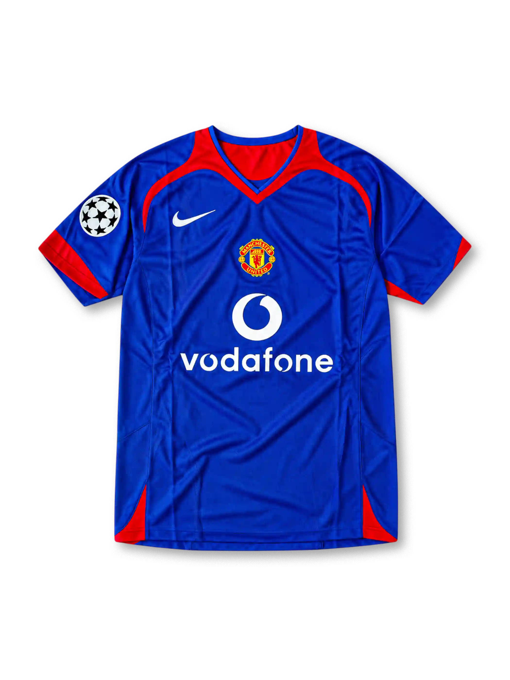 Front view of the 2005/06 Manchester United blue away soccer jersey by Nike, featuring red shoulder accents, a central club crest, white Vodafone sponsor, and UEFA Champions League sleeve patch.