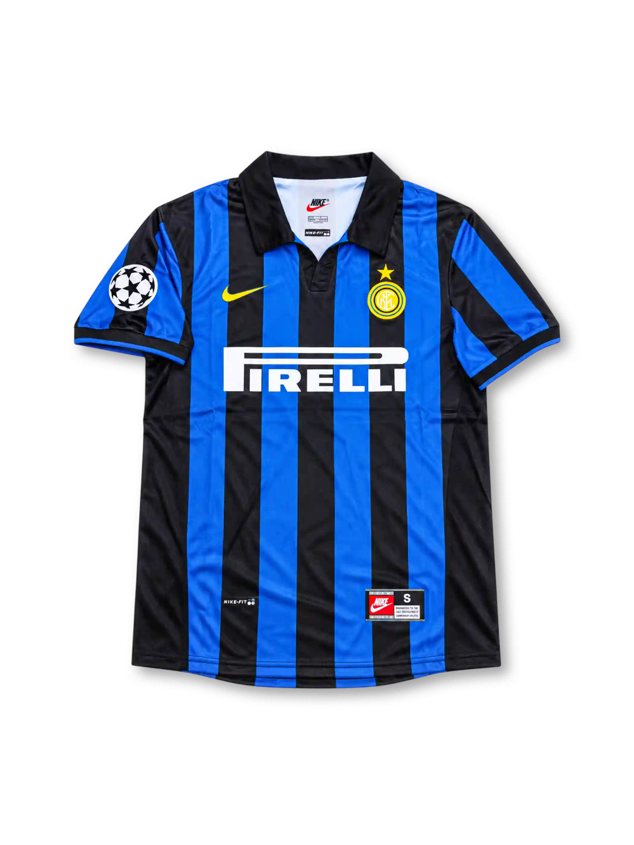 Front view of the 1998/99 Inter Milan home soccer jersey featuring black and blue vertical stripes, a yellow Nike Swoosh, Inter crest with gold star, white Pirelli sponsor, and UEFA Champions League sleeve patch.