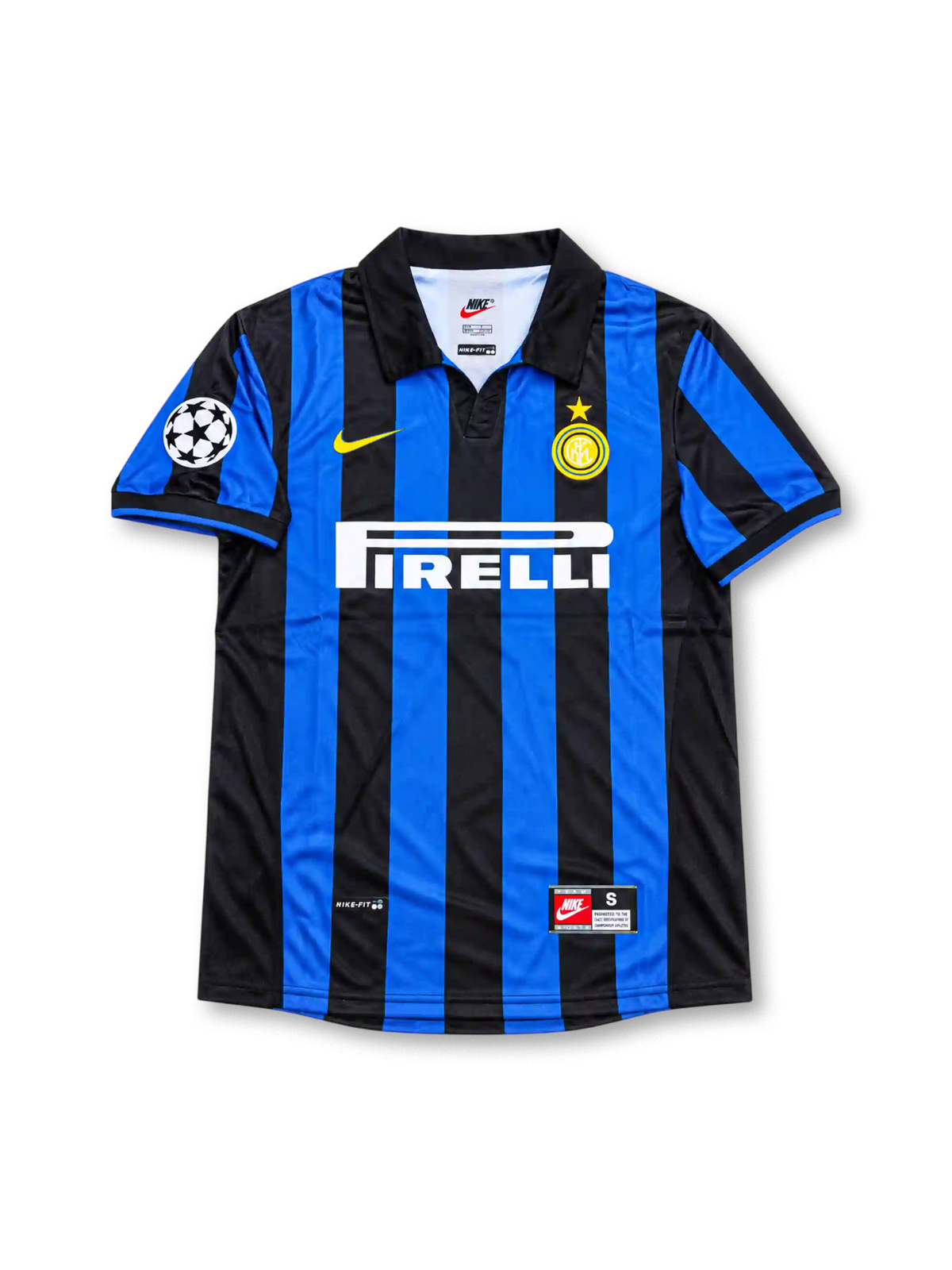 Front view of the 1998/99 Inter Milan home soccer jersey featuring black and blue vertical stripes, a yellow Nike Swoosh, Inter crest with gold star, white Pirelli sponsor, and UEFA Champions League sleeve patch.