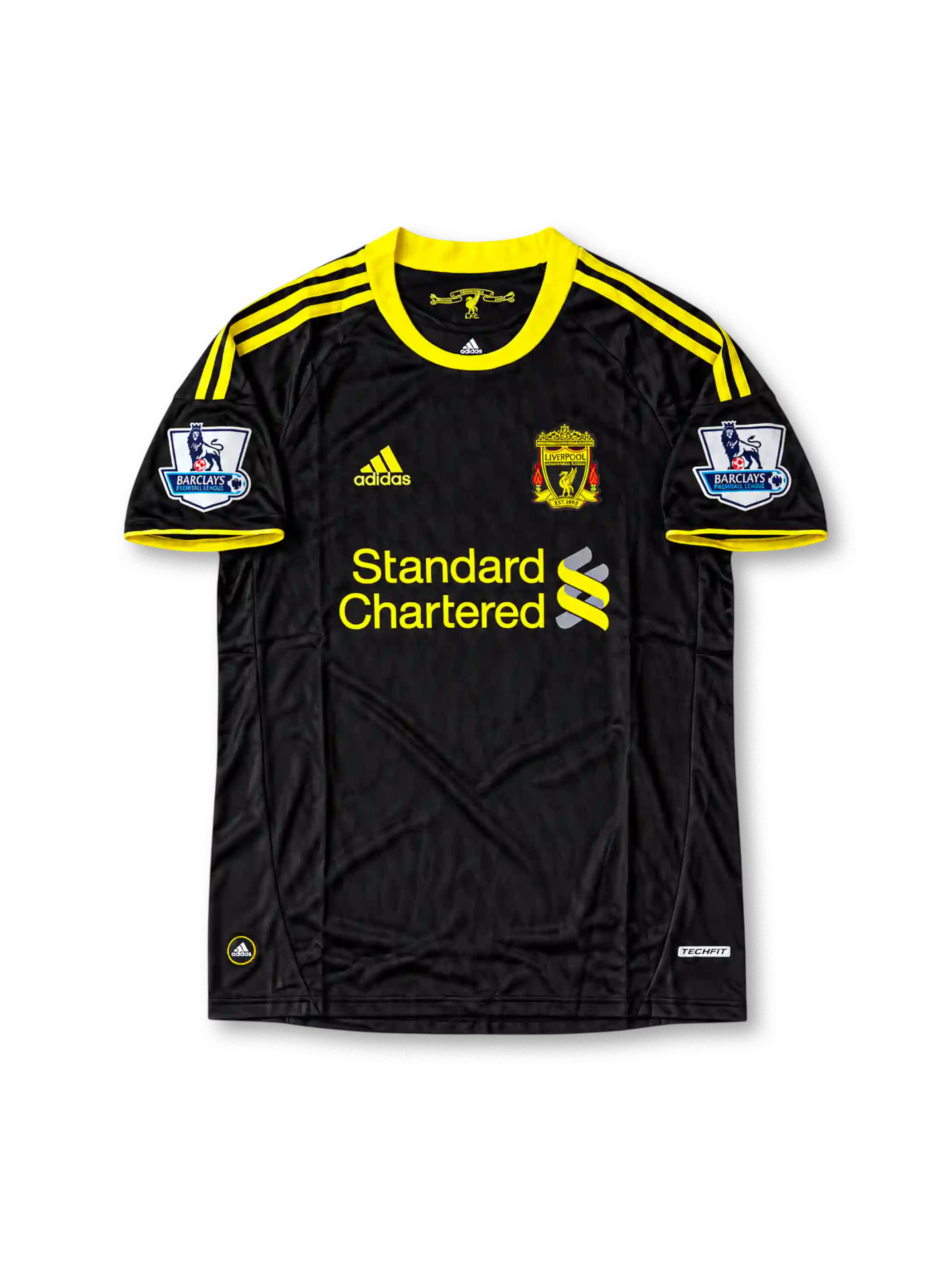 Front view of the 2010/11 Liverpool black and yellow third soccer jersey by adidas, featuring yellow three-stripe shoulder detailing, the Liverpool crest, Standard Chartered sponsor, and Barclays Premier League sleeve patches.